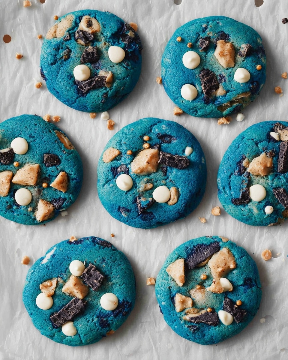 Eight round cookies with bright blue dough form the base layer, each studded with pieces of dark brown cookie bits, white chocolate chips, and light brown cookie chunks, all scattered unevenly across the top. The cookies sit spaced apart on white parchment paper, which rests on a white marbled textured surface. The surface shows small holes as a pattern under the parchment paper, adding detail to the background. The cookies have a slightly raised, bumpy blue texture and each cookie's toppings create a colorful contrast against the blue base. Photo taken with an iphone --ar 4:5 --v 7