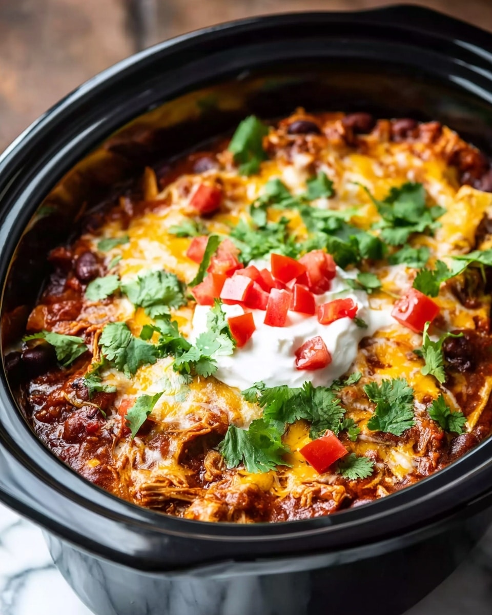 A close-up view of a three-layered hot casserole in a black slow cooker. The bottom layer is a deep red sauce mixed with beans and shredded meat. The middle layer features golden melted cheese bubbling over the sauce, with some browned spots. The top layer includes bright green cilantro leaves, red diced tomatoes, and a dollop of white sour cream in the center. The slow cooker sits on a white marbled surface with a soft steam rising from the dish. Photo taken with an iphone --ar 4:5 --v 7