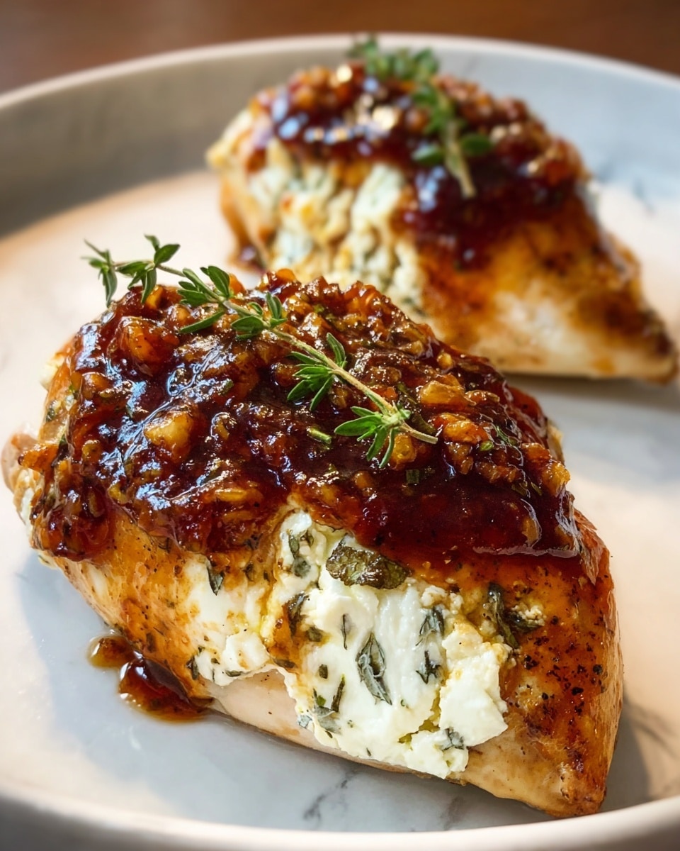 Two cooked chicken breasts are placed on a white plate with a white marbled texture underneath. Each chicken breast has a golden-brown, slightly crispy surface. On top of the chicken, there is a thick layer of white creamy cheese with herbs sprinkled on it. Covering the cheese is a shiny, dark reddish-brown sauce that is thick and slightly chunky. Each piece is garnished with a small sprig of green herb on top. Photo taken with an iphone --ar 4:5 --v 7