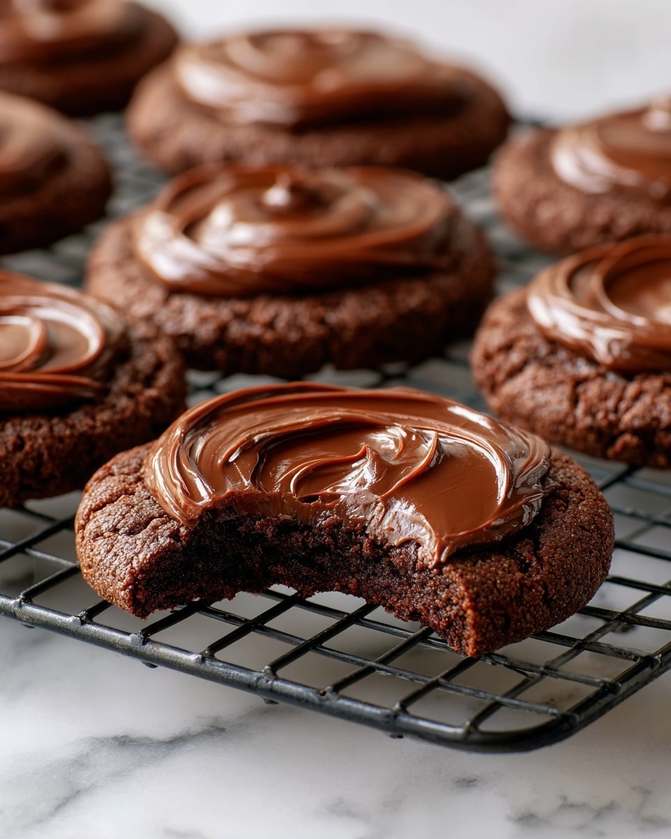 The image shows a group of round chocolate cookies on a black cooling rack placed on a white marbled surface. Each cookie has a thick, smooth layer of glossy dark chocolate spread swirled on top, creating a shiny finish with soft curves and gentle peaks. One cookie near the center has a bitten edge, revealing a soft, moist chocolate interior beneath the crisp outer layer. The cookies have a rough, cracked texture on the edges that contrasts with the creamy chocolate topping. Photo taken with an iphone --ar 4:5 --v 7