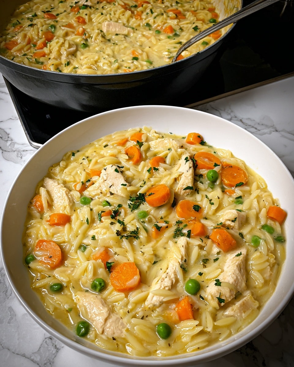 A close-up of a black bowl filled with creamy chicken and orzo soup, showing a thick, light yellow broth with small pieces of tender white chicken, orange carrot cubes, and green herbs scattered throughout. In the background, a white pie dish with a golden-brown crust is partially visible, containing a similar chicken and orzo mixture with carrot pieces on top. Both dishes are placed on a white marbled surface next to a stove. The lighting highlights the glossy texture of the soup and the flakiness of the pie crust. photo taken with an iphone --ar 4:5 --v 7