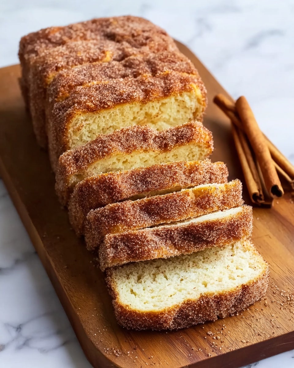 A sliced cinnamon sugar loaf cake is shown on a wooden cutting board, sitting on a white marbled surface. The cake has a light golden-yellow inside with a soft texture, while the outside is coated thickly in a grainy cinnamon sugar layer giving it a rough texture and brown speckled color. The loaf is cut into five pieces, with the slices stacked closely, showing the contrast between the soft, light inside and the crunchy, cinnamon sugar crust. Two cinnamon sticks are placed nearby on the white marbled surface. photo taken with an iphone --ar 4:5 --v 7