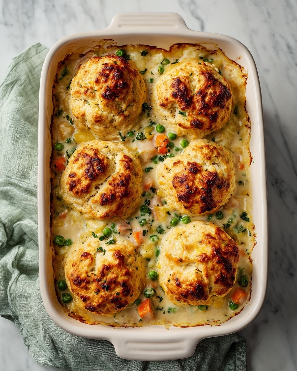 The image shows a white rectangular baking dish filled with a baked casserole topped with six golden-brown biscuit patties arranged in two columns and three rows. Each biscuit has a rough, slightly uneven surface with browned spots and a soft, fluffy texture. Underneath them is a creamy sauce with visible chunks of orange carrots, green peas, and green broccoli specks peeking out. The baking dish sits on a white marbled surface with a wrinkled light green cloth partially underneath it. Photo taken with an iphone --ar 4:5 --v 7