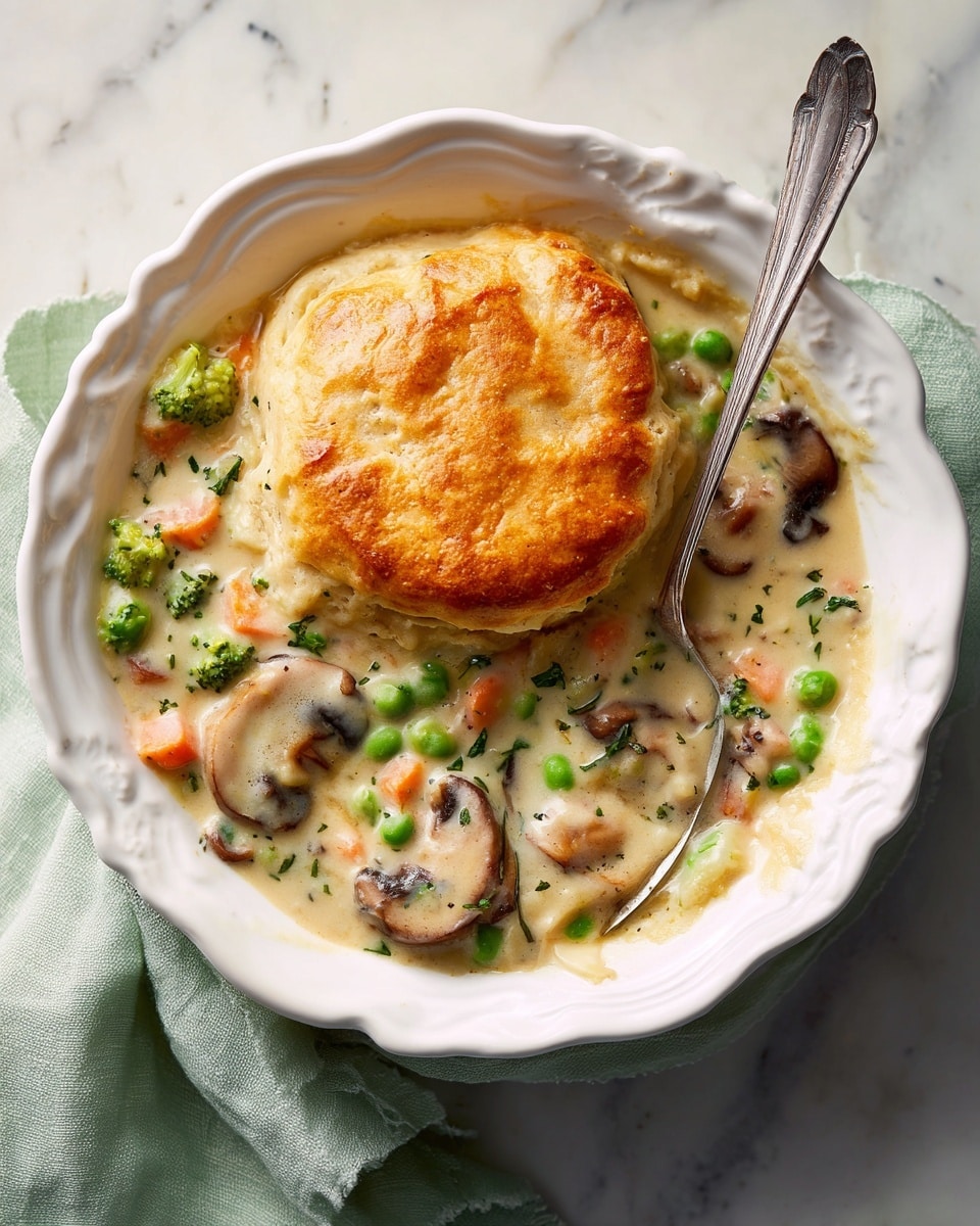 A white, ornate bowl holds a creamy vegetable pot pie with one visible large, golden-brown biscuit on top. Beneath the biscuit, there is a thick layer of sauce with peas, orange carrot slices, small broccoli florets, and bits of mushroom. A silver spoon rests inside the bowl, partially covered with sauce and vegetables. The bowl sits on a white marbled surface next to a soft, light green cloth. photo taken with an iphone --ar 4:5 --v 7