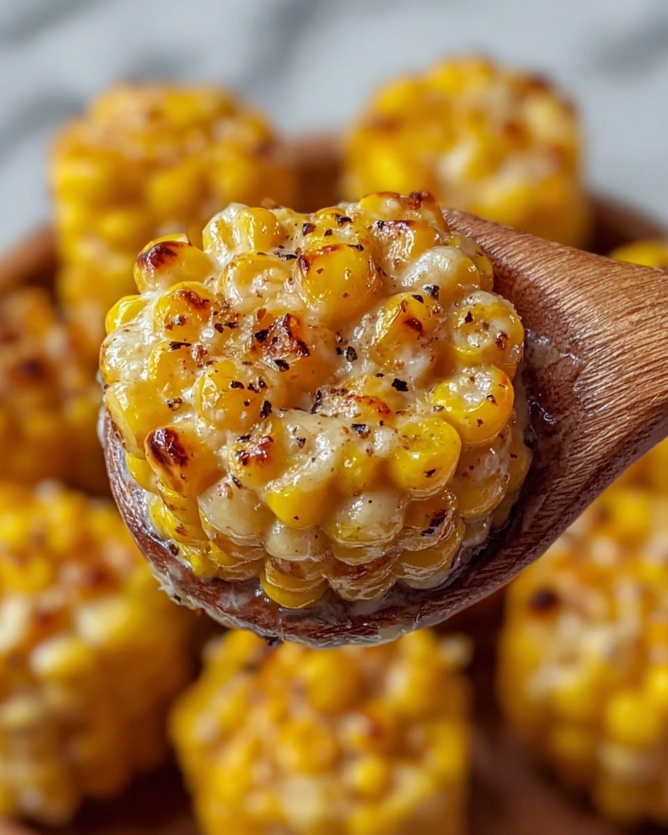 The image shows a close-up of a wooden spoon holding a roasted corn cluster. The corn kernels are golden yellow with some white kernels mixed in, all covered in a shiny, melted, creamy layer that looks slightly browned and bubbly. The kernels have small black specks, likely charred or seasoning, giving a textured look. The background has more similar corn pieces, slightly out of focus, sitting on a white marbled surface. photo taken with an iphone --ar 4:5 --v 7