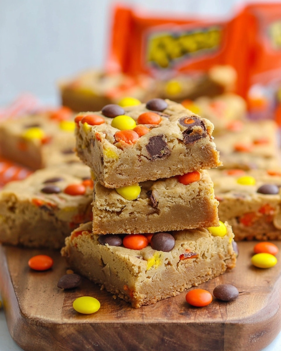 A pile of thick square blondies stacked on a round wooden board, each blondie showing a golden-brown color with a slightly crisp top layer decorated with colorful candy pieces in orange, yellow, and dark brown. The blondies have a dense, moist texture inside visible in some cut pieces. The background features a blurred orange and yellow package behind the stack on a white marbled surface. photo taken with an iphone --ar 4:5 --v 7