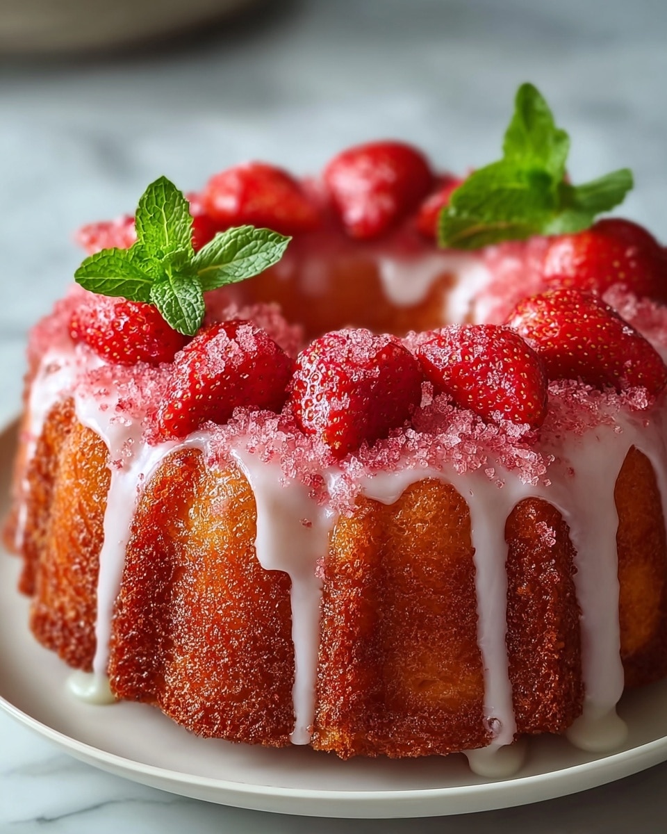 A round bundt cake with a golden-brown textured surface, topped with a layer of white glaze that drips down the cake's ridges. On top, there is a ring of bright red strawberries with green leaves, placed over a sprinkling of coarse pink sugar crystals. A small green mint leaf sits on one of the strawberries, adding a touch of freshness. The cake is set on a white plate, with a soft white marbled background. photo taken with an iphone --ar 4:5 --v 7