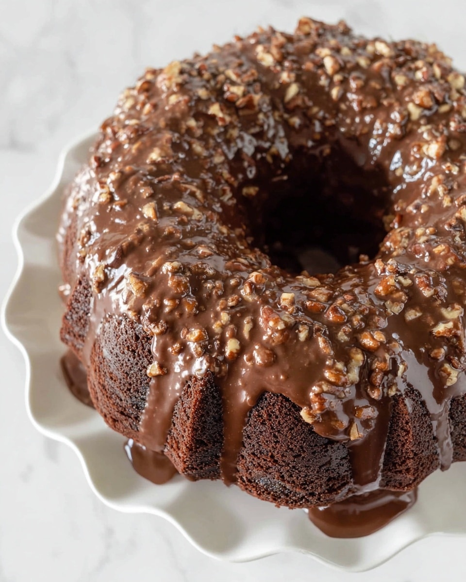 The image shows a bundt chocolate cake covered with a thick chocolate glaze that has small nut pieces mixed in. The cake is dark brown with a smooth texture and the glaze drips over the sides, pooling slightly on the white wavy-edge plate beneath. The nuts in the glaze add a rough texture contrasting the shiny, smooth glaze and soft cake. The background is a white marbled texture, giving a clean and bright look. Photo taken with an iphone --ar 4:5 --v 7