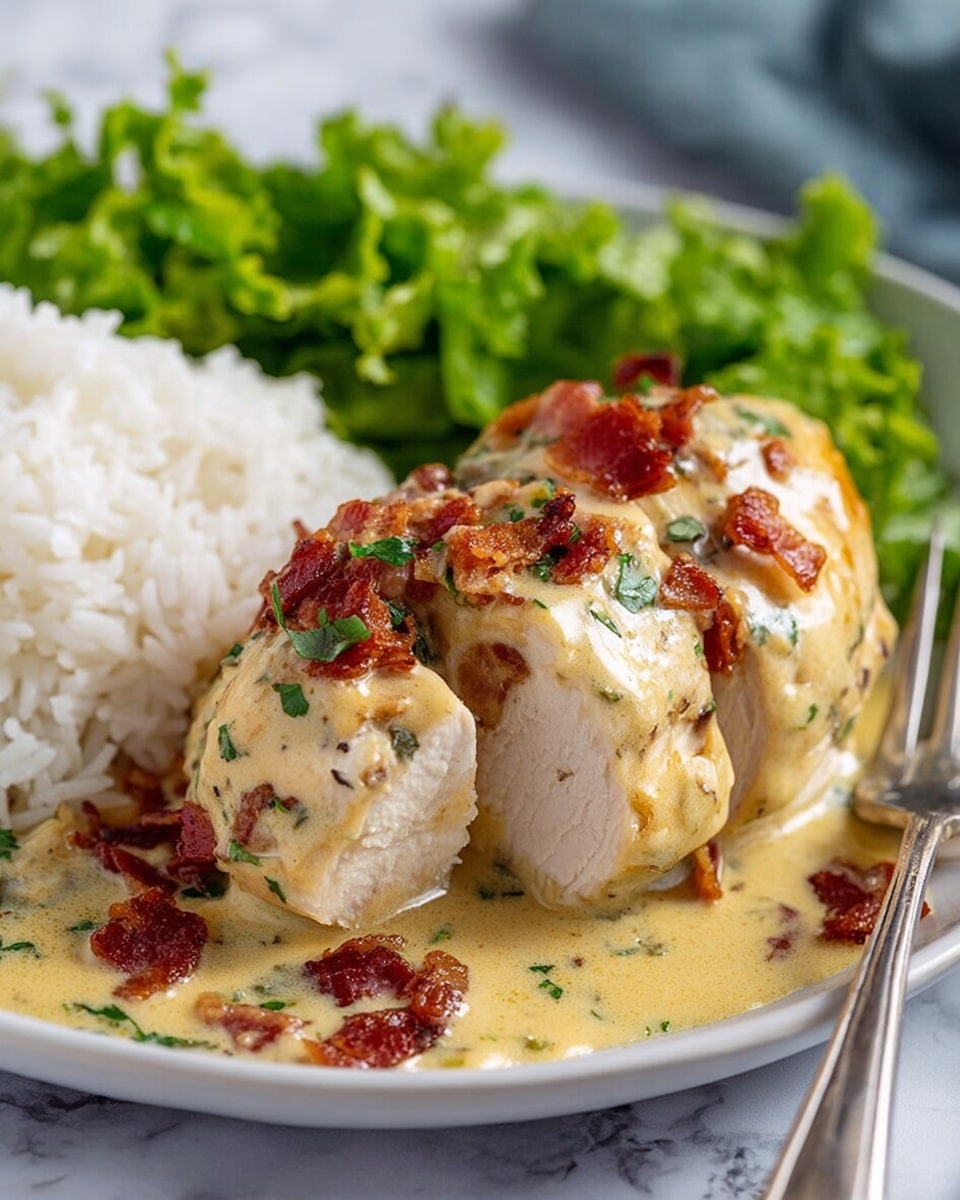 A close-up view of a cooked chicken breast covered in a creamy, light yellow sauce with bits of green herbs and crispy, reddish-brown bacon pieces scattered on top and around it. The chicken is sliced, showing its white, tender inside. The plate holds fluffy white rice on the left side and green leafy lettuce in the background, all on a white plate placed on a white marbled surface. A silver fork rests on the plate near the chicken. photo taken with an iphone --ar 4:5 --v 7