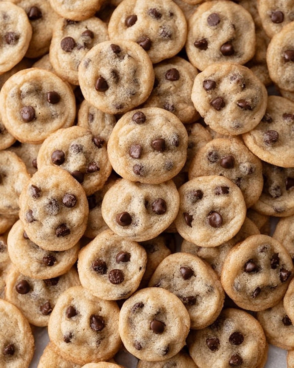 A large white bowl filled with many small, round chocolate chip cookies stacked closely together, each cookie light golden brown with several dark brown chocolate chips scattered on top, slightly shiny and soft looking, sitting on a white marbled surface. photo taken with an iphone --ar 4:5 --v 7