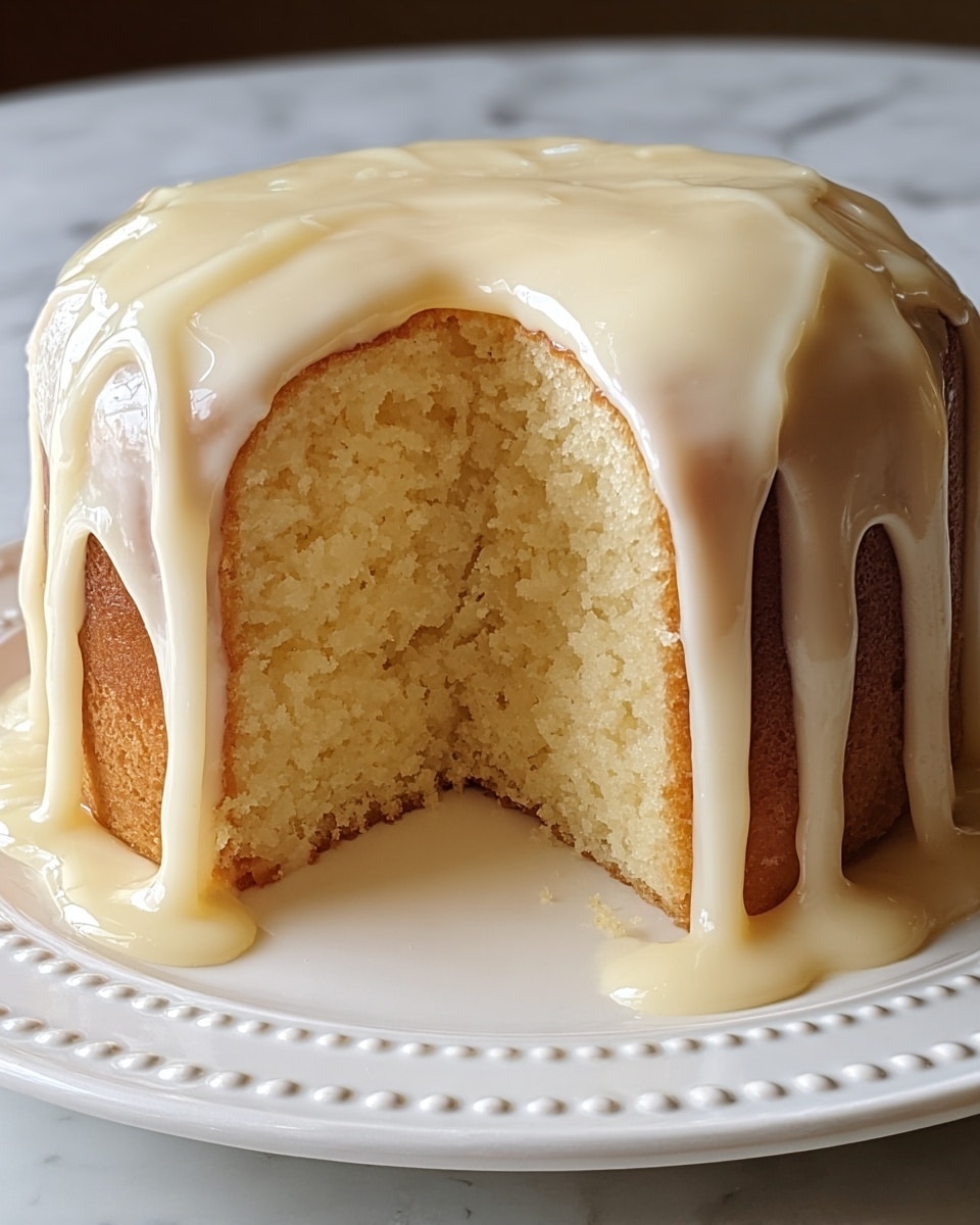 A small round cake with one thick layer of light yellow soft sponge, covered by smooth, creamy white icing that drips down the sides in thick ribbons. The cake is placed on a white plate with a raised dot rim, sitting on a white marbled surface. The inside texture of the cake looks moist and fluffy, with the icing glistening under soft light. photo taken with an iphone --ar 4:5 --v 7