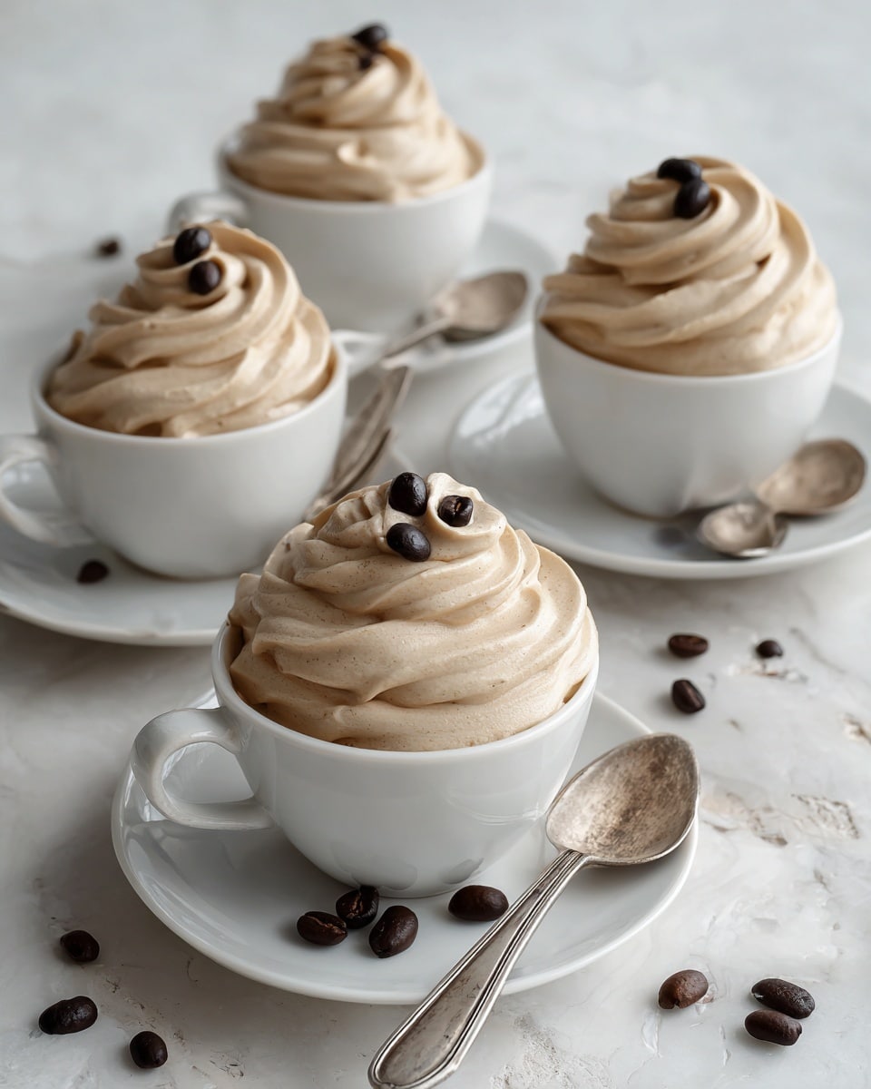 Four white cups filled with light tan creamy mousse, each topped with a single dark brown coffee bean. The mousse is swirled into a soft peak inside each cup. Each cup sits on a white saucer with a vintage silver spoon resting next to it. The cups and saucers are placed on a white marbled surface scattered with more dark brown and a few light beige coffee beans. The scene looks light and fresh with simple, clean colors. Photo taken with an iphone --ar 4:5 --v 7