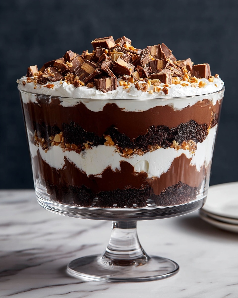 A clear glass trifle bowl displays a layered dessert with five distinct layers: the bottom layer is dark, crumbly chocolate cake; above it is a smooth, thick dark chocolate pudding; this is followed by a fluffy white whipped cream layer; repeating the same layers again with chocolate cake and pudding; topped with a thick, even layer of whipped cream that spreads to the bowl's edges; the top is generously covered with chopped chocolate peanut butter candy pieces and sprinkled with crunchy nut bits. The bowl sits on a white marbled surface with a soft dark background, photo taken with an iphone --ar 4:5 --v 7