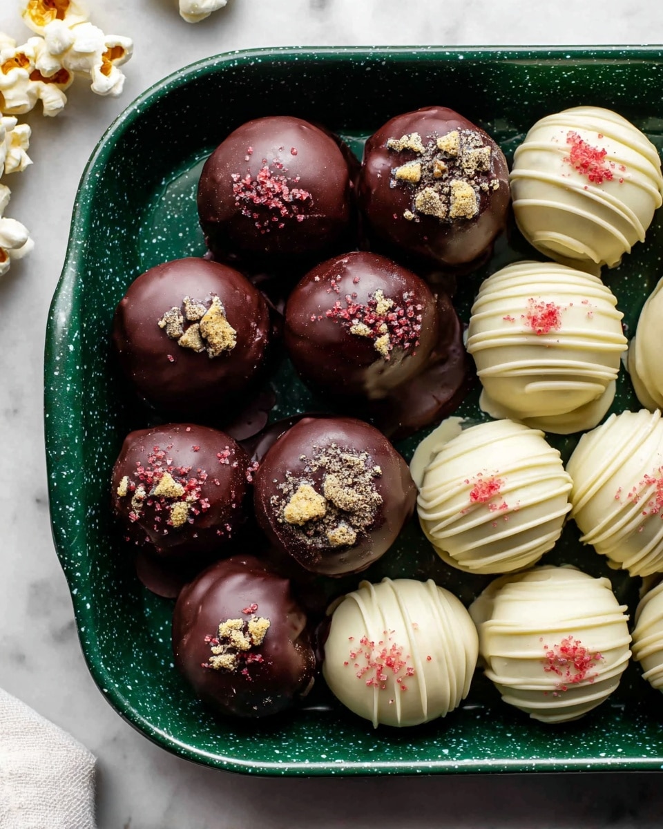 A white plate filled with multiple round chocolate truffles, smooth and shiny dark brown on the outside. Some truffles have white chocolate drizzle lines evenly spaced on top, while others are topped with colorful sprinkles or dark crumbly bits. One truffle in the front center is bitten, showing a dark, dense, and moist chocolate inside. The plate has a detailed rim and sits on a white marbled surface. The whole scene is bright and clear. photo taken with an iphone --ar 4:5 --v 7