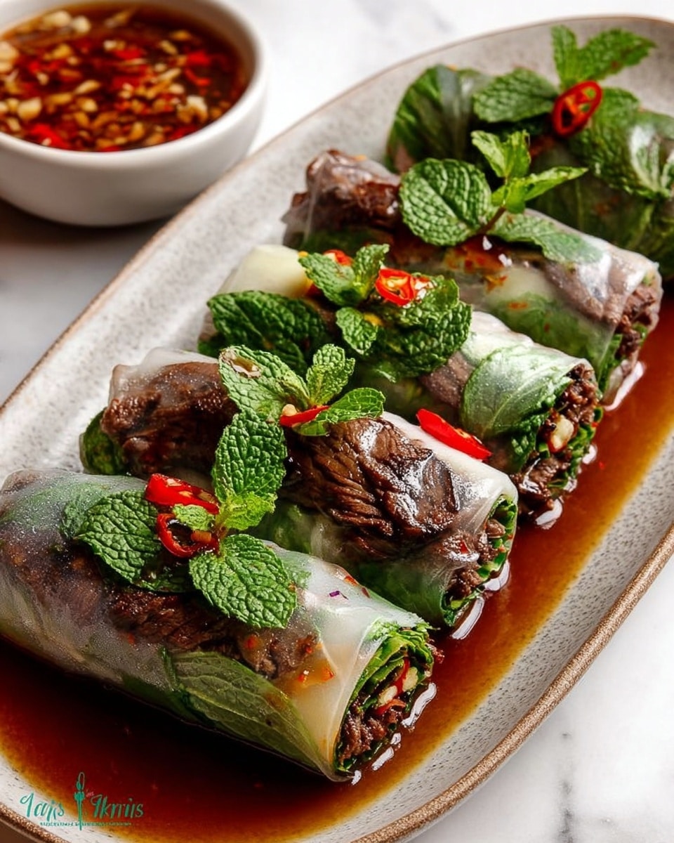 The image shows four fresh spring rolls neatly placed side by side on a long white plate with a slightly rough texture. Each roll has a translucent rice paper wrap revealing layers inside: dark brown cooked beef, vibrant green fresh herbs and leafy greens, and thin slices of red chili pepper. The rolls are topped with green mint leaves and small bits of red chili, and they sit in a shallow pool of glossy brown dipping sauce that also coats their bottoms. In the background, a small white bowl filled with a reddish-brown sauce with visible pieces of chopped garlic or chili sits on a white marbled surface. photo taken with an iphone --ar 4:5 --v 7