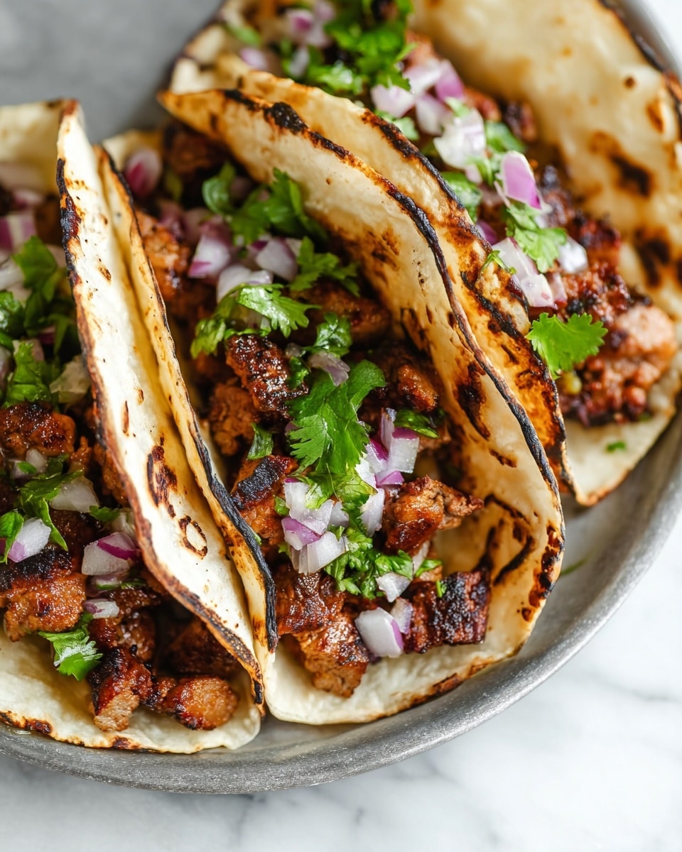 Three tacos are shown close up, each with two soft, slightly charred white corn tortillas folded. Inside, there is a layer of grilled, browned meat pieces with a juicy texture. On top of the meat, there is a sprinkle of small purple and white diced onions and fresh green cilantro leaves. The tacos rest on a round gray plate, and the background is a white marbled texture. The image is bright and sharp, showing the food texture clearly. photo taken with an iphone --ar 4:5 --v 7