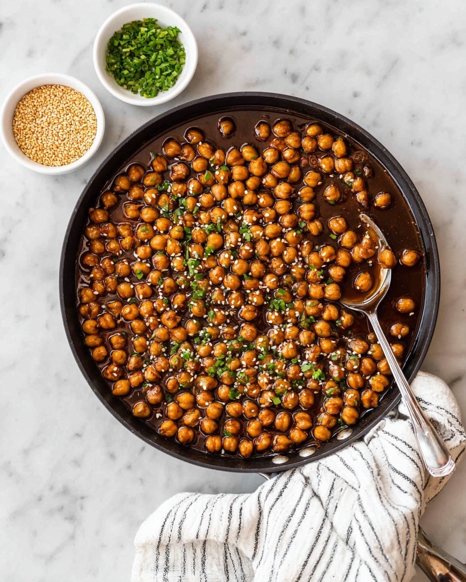 A black skillet filled with a single layer of glossy brown chickpeas cooked in a dark sauce, garnished with small pieces of green herbs and sprinkled with white sesame seeds. A silver spoon rests inside the skillet on the right side, and the skillet is placed on a white marbled surface. To the top left, there are two small white bowls, one filled with golden sesame seeds and the other with finely chopped green herbs. A white cloth with thin black stripes lies partially under the skillet on the right side. photo taken with an iphone --ar 4:5 --v 7