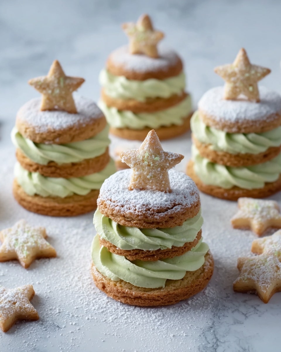 The image shows several three-layered cookie towers on a white marbled surface. Each tower has three round light brown cookies stacked with thick swirls of pale green cream between each cookie layer. The top cookie on each tower is dusted lightly with white powdered sugar and topped with a small star-shaped cookie also dusted with powdered sugar. Around the towers, there are small star-shaped cookies scattered on the surface, also dusted with powdered sugar. The overall look is neat, with soft creamy textures contrasting with the firm cookies. photo taken with an iphone --ar 4:5 --v 7