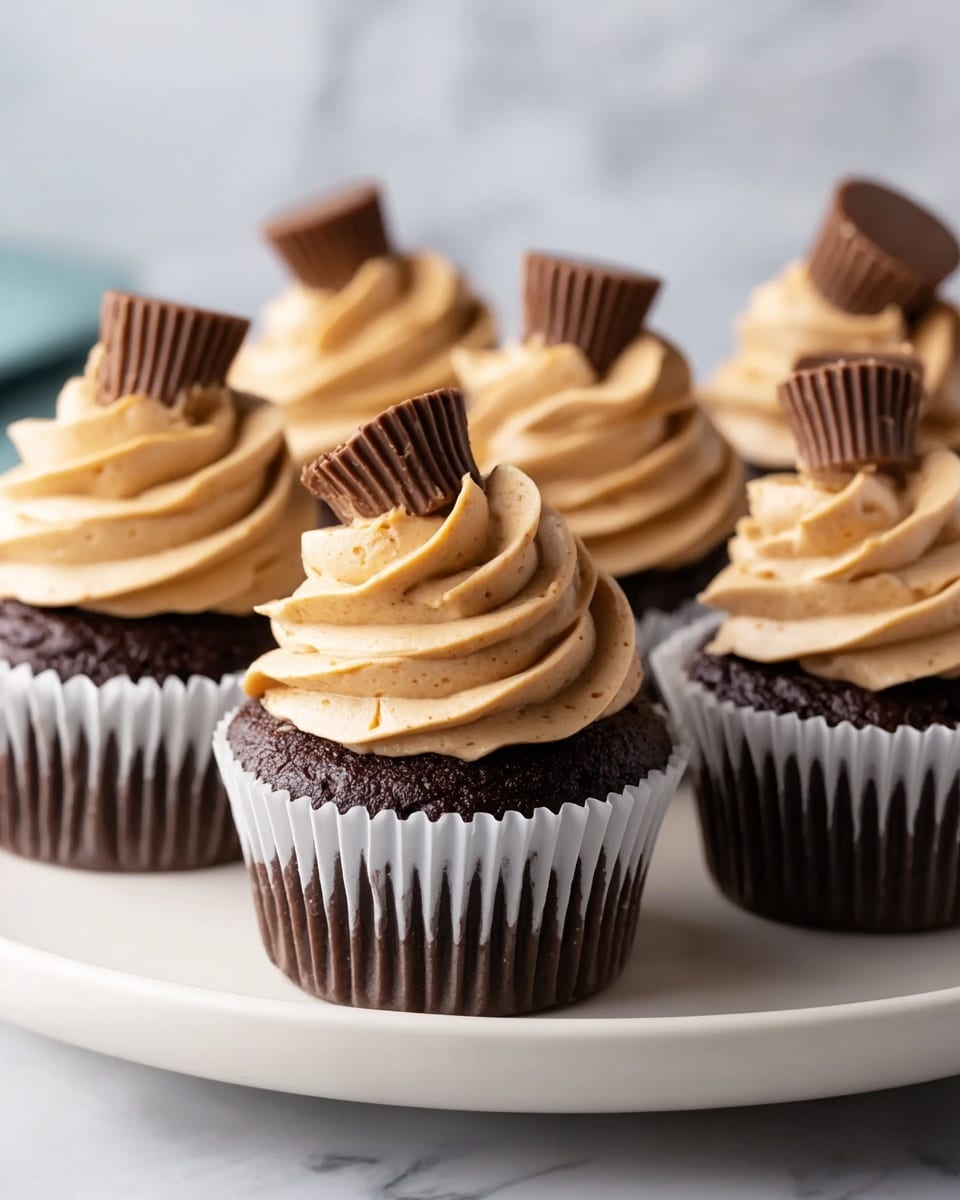 A close-up view of five chocolate cupcakes in white paper liners, each topped with a thick swirl of light brown peanut butter frosting, smooth and creamy with slight speckles, crowned with a small chocolate peanut butter cup half placed at a slight angle. They sit closely together on a white plate, all against a white marbled background. photo taken with an iphone --ar 4:5 --v 7