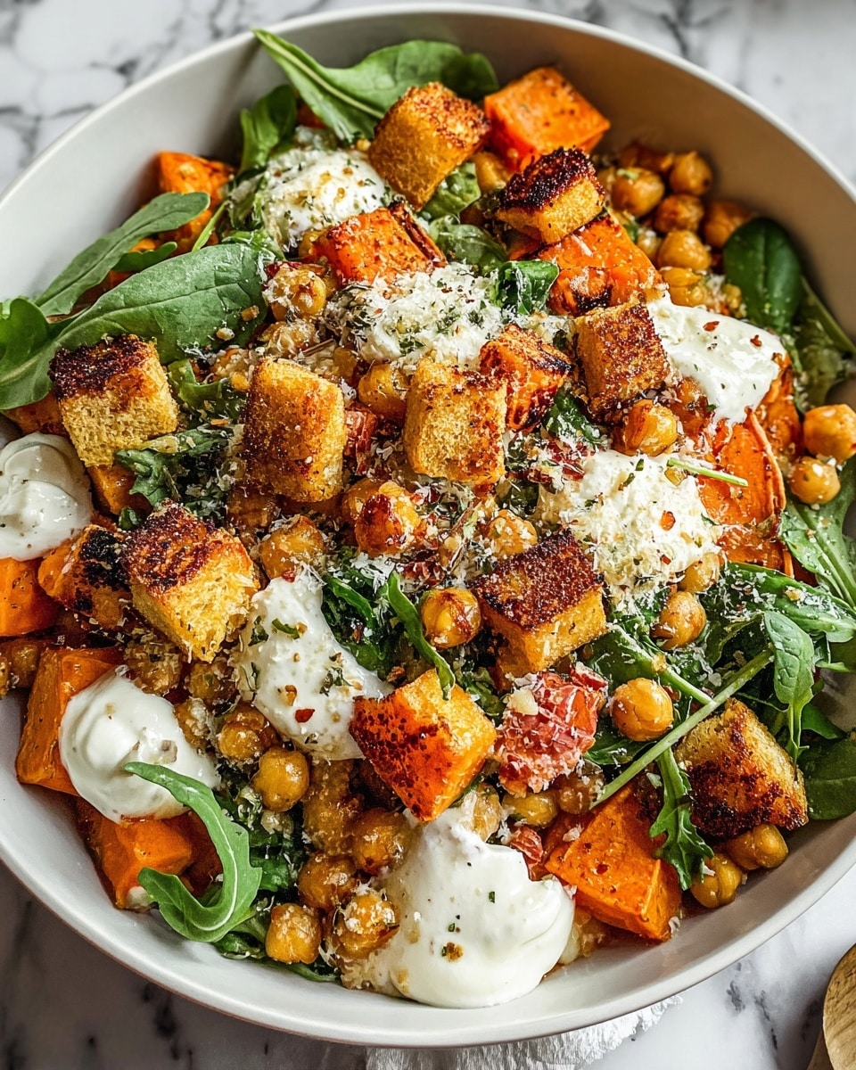 A close-up of a bowl filled with a colorful salad, layered with roasted orange sweet potato chunks and golden brown chickpeas, topped with crispy, golden croutons scattered across the top. Bright green leafy herbs and arugula are mixed throughout, adding fresh color. There are dollops of creamy white yogurt or sauce around the base and a light sprinkling of finely grated cheese or seasoning over everything. The bowl is white, placed on a white marbled surface, giving a clean and fresh feel to the image. Photo taken with an iphone --ar 4:5 --v 7
