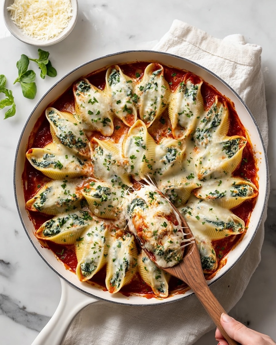 This image shows a round white pan filled with stuffed pasta shells arranged in one layer. Each shell is filled with a creamy, white mixture mixed with bits of dark green spinach. The shells are covered with melted white cheese that looks stretchy and gooey, sprinkled with finely chopped green herbs. The base of the pan is covered by a bright red tomato sauce that peeks around and under the shells. On the right side, a woman’s hand holds a wooden-handled spoon, lifting one stuffed shell from the pan, showing some melted cheese stretching. The pan sits on a white marbled surface with a white cloth nearby and a small white bowl with some grated white cheese in the top left corner. Photo taken with an iphone --ar 4:5 --v 7