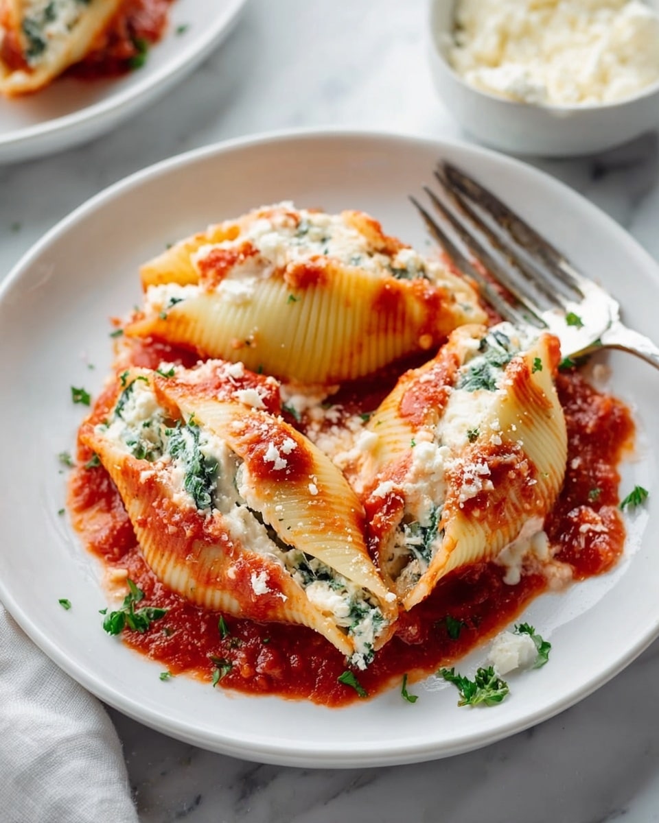A white plate on a white marbled surface holds three large pasta shells filled with white ricotta cheese mixed with green spinach, topped with red tomato sauce that covers the bottom of the plate and spills over the pasta edges. The pasta shells are cooked to a soft texture with slightly ridged edges, partially covered in melted white cheese. Small green parsley pieces are sprinkled on top and around the sauce. A silver fork rests on the side of the plate and a small bowl filled with white cheese is seen blurred in the background. photo taken with an iphone --ar 4:5 --v 7