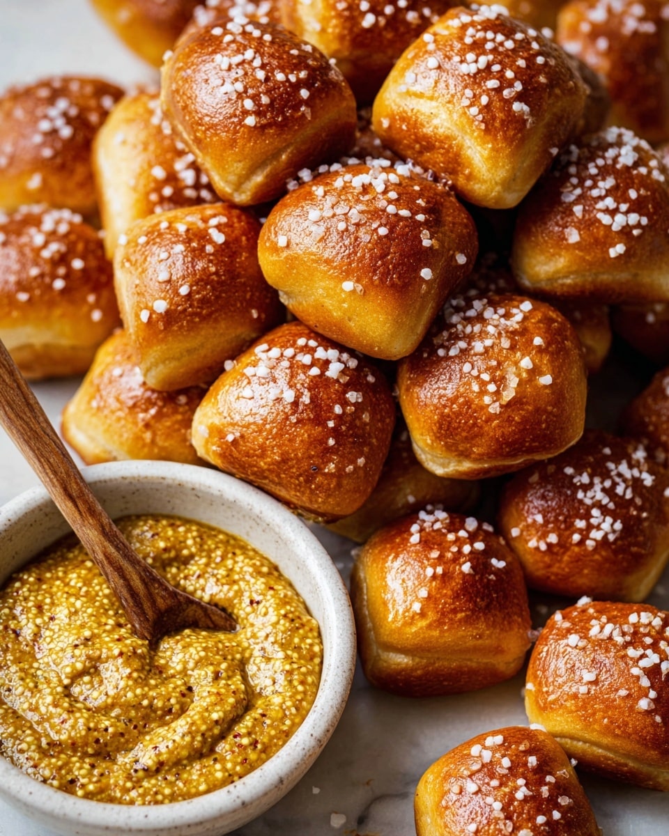 The image shows a pile of small, golden-brown pretzel bites with a shiny, slightly crispy outer layer, each topped with coarse white salt crystals. Next to the pile, there is a white bowl filled with a thick, textured grainy mustard that has yellow and brown seeds visible, with a wooden spoon resting inside the bowl. The background is a white marbled texture, and the close-up view highlights the glossy surface and flaky salt details on the pretzel bites. Photo taken with an iphone --ar 4:5 --v 7