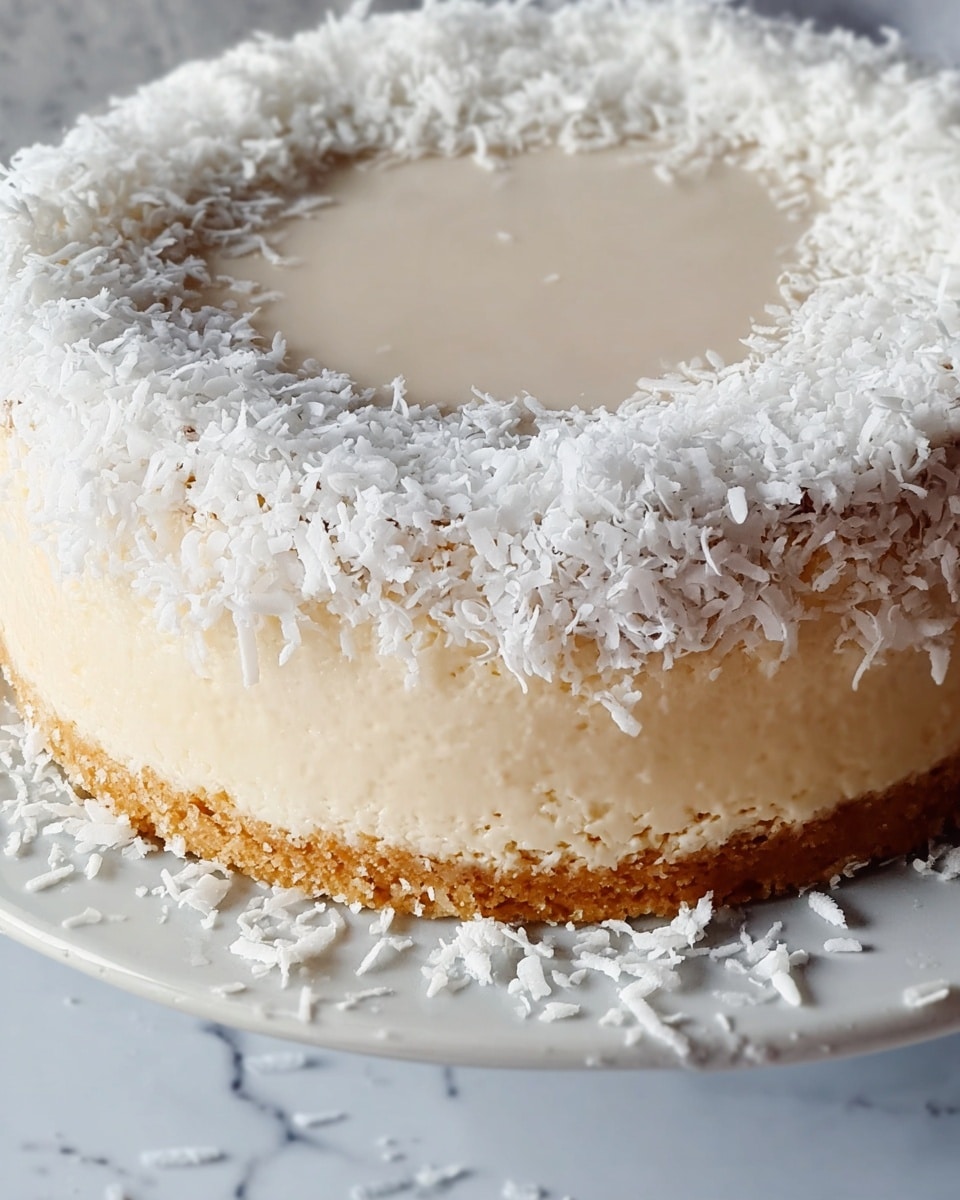 A close-up view of a round dessert with three visible layers, placed on a white plate with a white marbled surface underneath. The bottom layer is light beige and looks soft and smooth. Above that is a slightly browned layer with a spongy texture. The top layer is pale cream with a glossy surface, surrounded by a thick ring of white shredded coconut flakes. Some coconut flakes have fallen onto the plate around the dessert. The edges have a gentle golden crust peeking beneath the coconut. Photo taken with an iphone --ar 4:5 --v 7