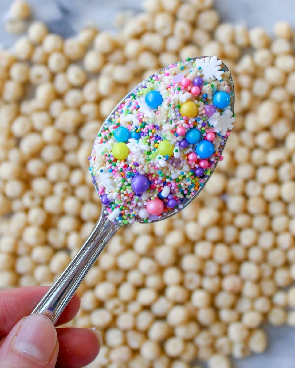 A close-up image shows a silver spoon held by a woman's hand, filled with colorful small sprinkles on top. The sprinkle mix has tiny round balls in bright colors like blue, pink, yellow, green, and purple, along with white snowflake-shaped sprinkles and pastel-colored rod-shaped ones. Below the spoon is a surface covered with light beige round cereal puffs, slightly shiny and smooth. The scene is set on a white marbled background. photo taken with an iphone --ar 4:5 --v 7