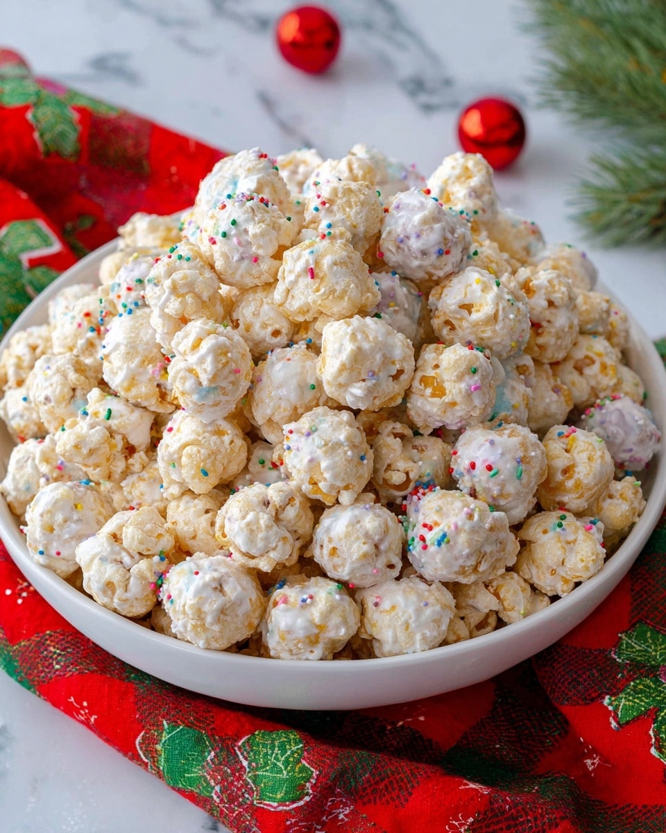 A large white bowl filled with small round popcorn balls that are light golden and covered in a white powdered sugar coating, some decorated with tiny, colorful candy sprinkles, giving a festive look. The popcorn balls have a rough texture with uneven coating, and they are piled high, showing their round shapes clearly. The bowl is placed on a white marbled surface with red and green Christmas-themed cloths around it, adding a holiday feel. Photo taken with an iphone --ar 4:5 --v 7