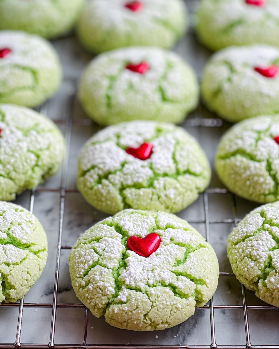 A large white bowl is filled with soft, round, light green cookies that have a cracked surface dusted lightly with white powdered sugar; each cookie is decorated in the center with a small red heart-shaped sprinkle. Behind and to the sides, there are smaller white plates stacked with more of the same cookies. Two tall glass bottles of milk with red-striped straws are placed in the background. The scene is set on a white marbled surface scattered with small red and green Christmas ornaments, creating a festive mood. photo taken with an iphone --ar 4:5 --v 7