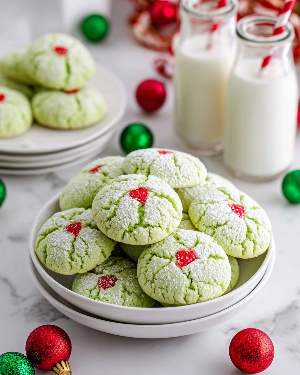 The image shows several round, light green cookies arranged in rows on a cooling rack. Each cookie is cracked on top, dusted with white powdered sugar, and has a small, bright red heart decoration placed near the center. The cooling rack is set on a white marbled surface. The cookies have a soft and slightly crumbly texture. photo taken with an iphone --ar 4:5 --v 7