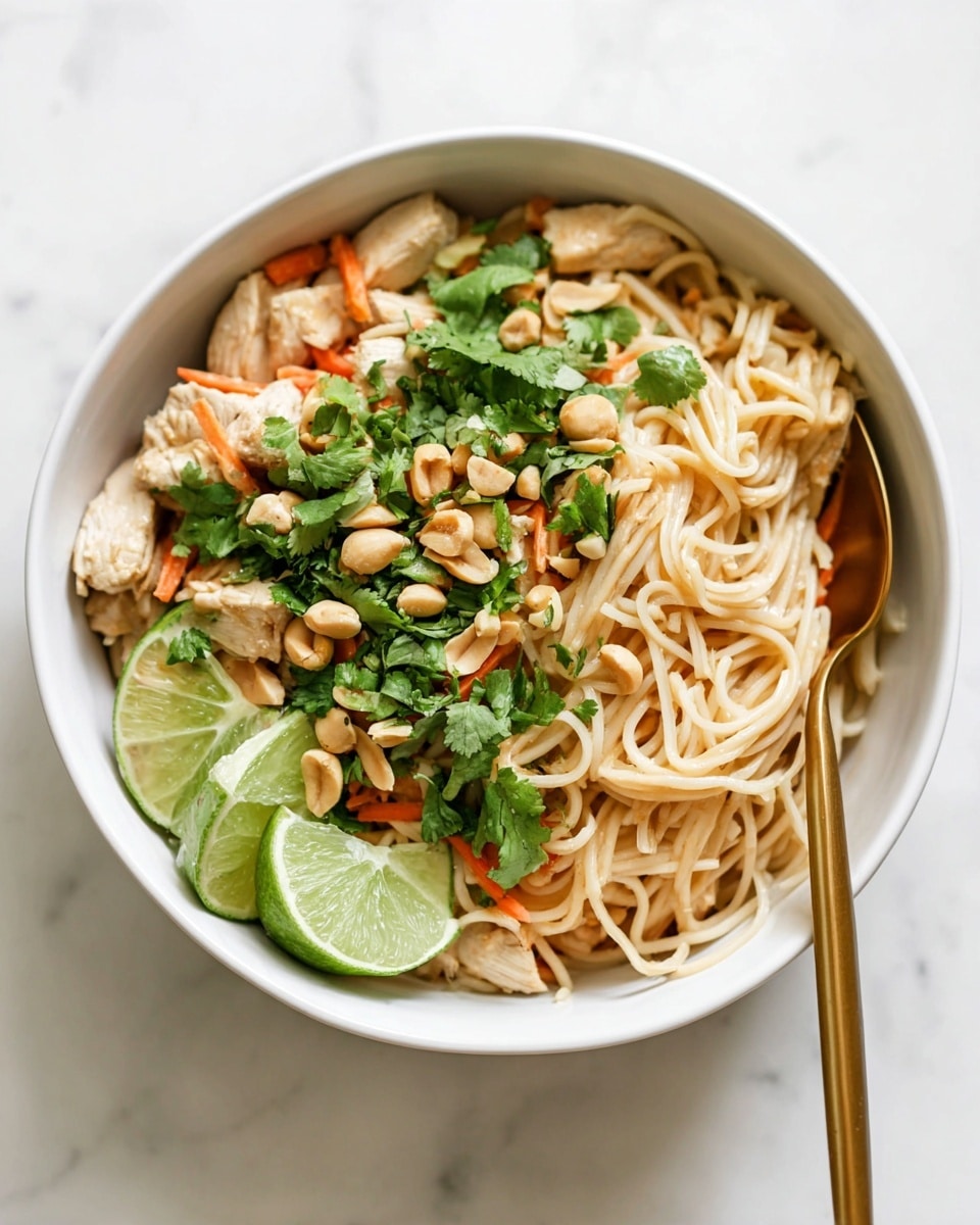 A white bowl filled with three layers: at the bottom, light beige noodles with a soft and slightly shiny texture; in the middle, light brown cooked chicken pieces and small orange carrot strips mixed evenly; on top, scattered green fresh cilantro leaves and light tan peanuts, with two green lime wedges placed on the side inside the bowl. A gold spoon rests inside the bowl on the right side, with a white marbled surface underneath. photo taken with an iphone --ar 4:5 --v 7