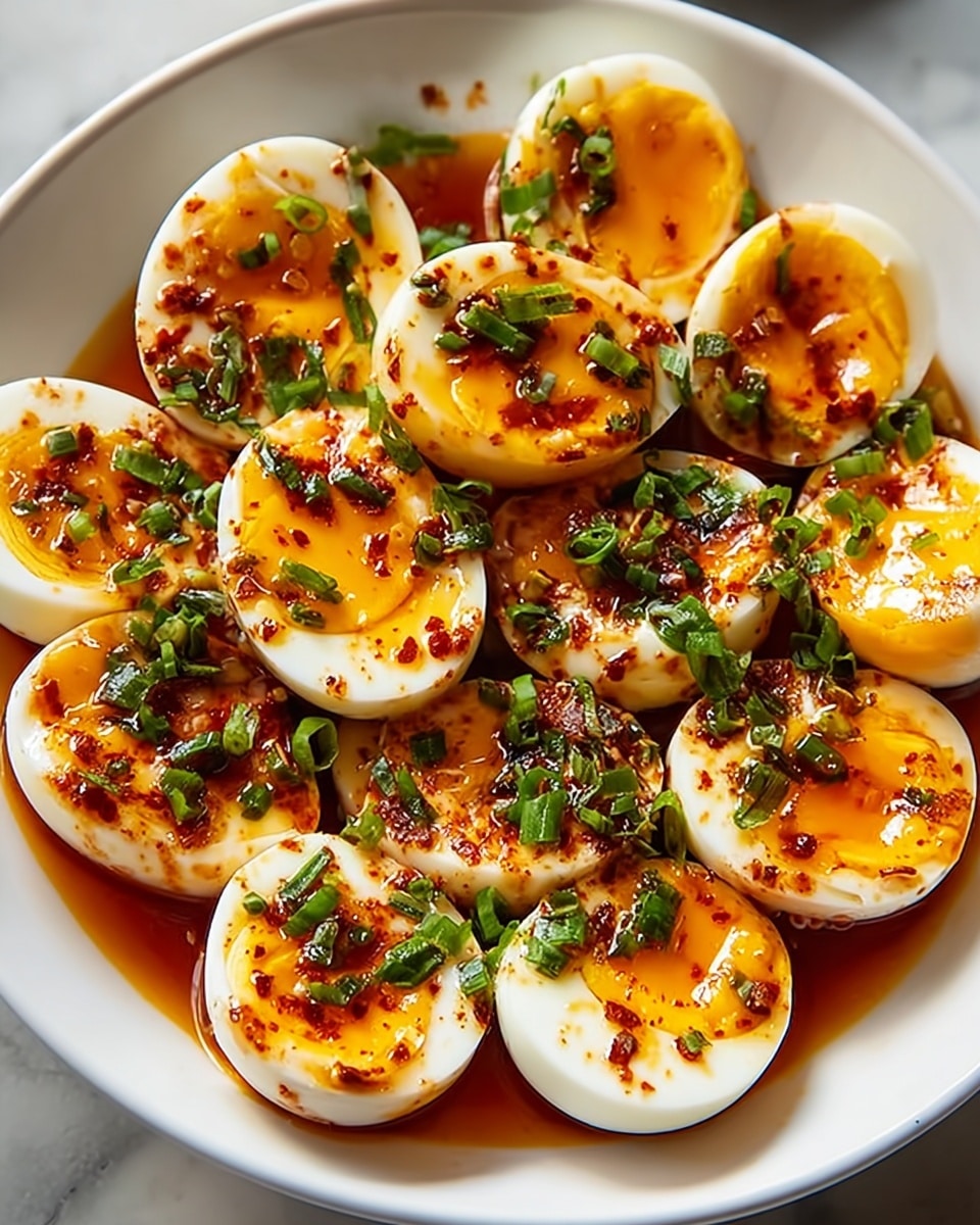 A white bowl filled with about fifteen halves of boiled eggs, each cut side up showing a bright yellow yolk surrounded by smooth white egg whites. Each egg half is coated with a glossy reddish-brown spicy sauce with visible chili flakes and small chopped green herbs sprinkled on top for color contrast. The sauce pools slightly at the bottom of the bowl, and the green herbs are scattered evenly across the eggs, giving a fresh touch. The background is a white marbled texture. photo taken with an iphone --ar 4:5 --v 7