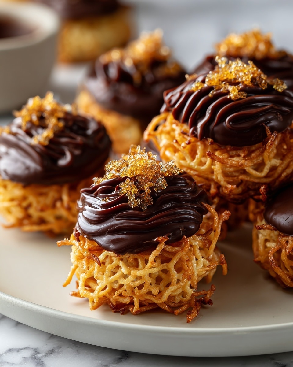 The image shows several small, round nests of golden-brown fried noodles stacked in two layers on a white plate with a white marbled surface background. Each base layer is crispy and textured with interwoven fried noodles. On top of each nest is a thick, glossy layer of rich dark chocolate sauce that falls slightly over the edges, forming smooth, wavy ridges. The chocolate is topped with small bits of crunchy golden caramel crystals, adding sparkle and contrast. The noodles are crunchy and textured while the chocolate is smooth and shiny, creating a tasty mix of visual layers. Photo taken with an iphone --ar 4:5 --v 7