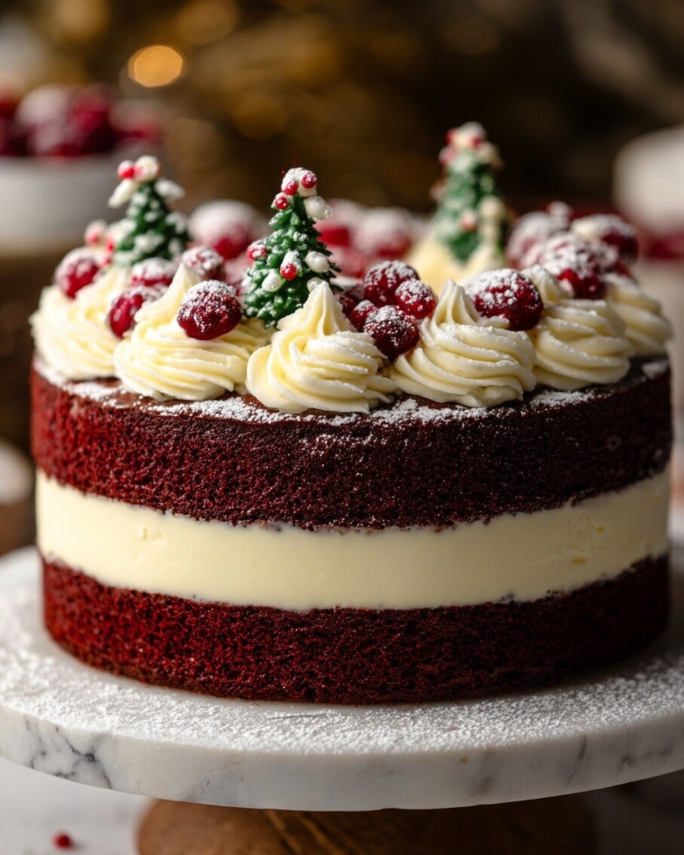 The image shows a two-layer round cake with thick, smooth layers of white cream filling between and on top of dark red cake layers. The top layer of the cake is decorated with swirls of white cream around the edge, each topped with small bright red berries and small green Christmas tree-shaped decorations. The cake rests on a rustic-looking stand, with a light dusting of powdered sugar around its base. The background is softly blurred with warm tones, and the surface beneath the stand shows a white marbled texture. Photo taken with an iphone --ar 4:5 --v 7