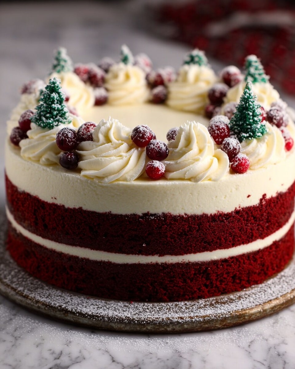 The image shows a round, two-layer cake on a white marbled surface, with deep red and white layers alternating. The bottom layer is dark red cake with a creamy white layer above it, followed by another thick red cake layer and topped by a smooth white cream layer. The top edge of the cake is decorated with swirls of white frosting arranged evenly around the circle. On top of each swirl, there are small red berries and tiny green Christmas tree-shaped decorations. The cake sits on a rustic metal stand lightly dusted with powdered sugar. The colors are rich, and the textures of the smooth cream and crumbly cake contrast nicely. photo taken with an iphone --ar 4:5 --v 7