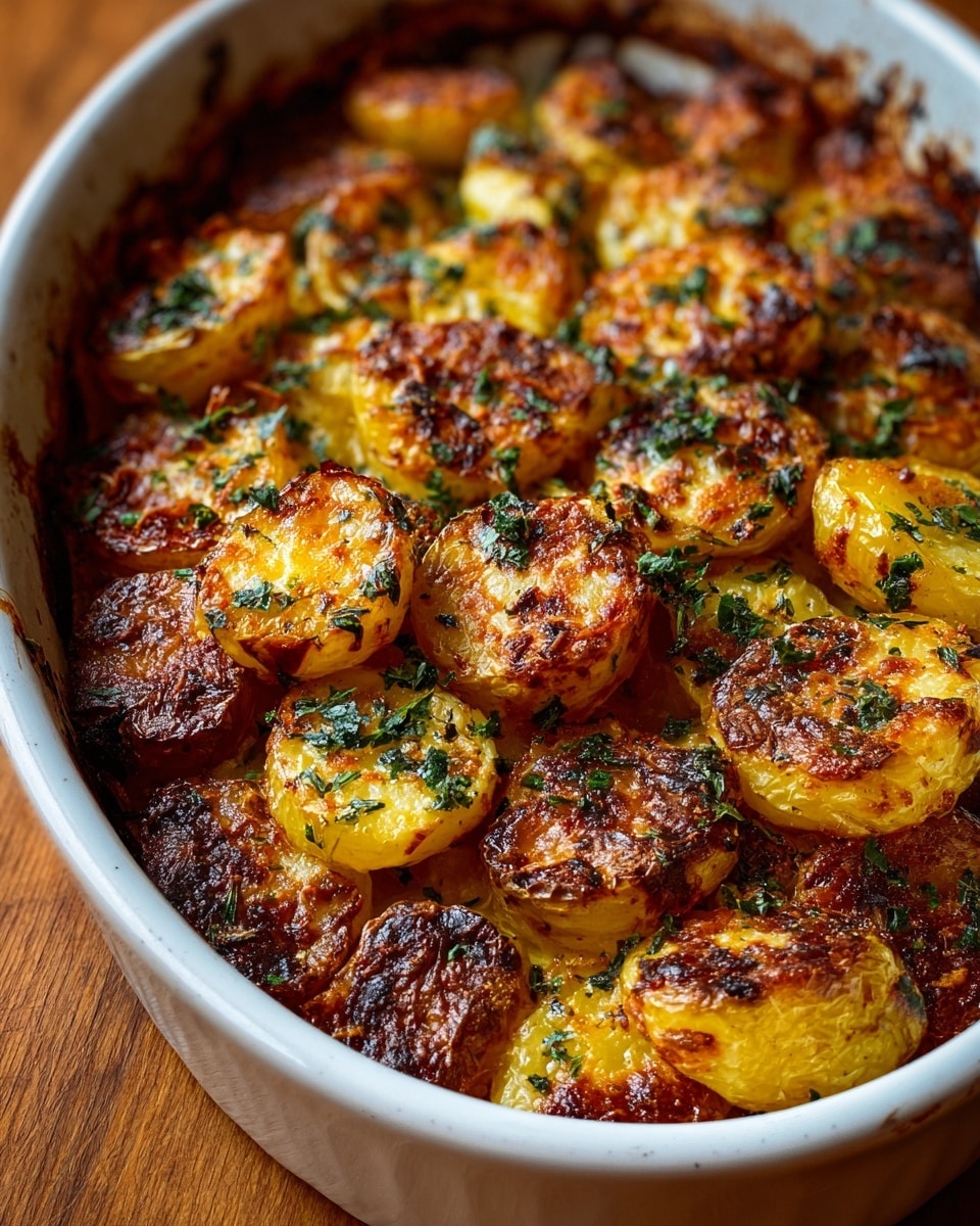 A white oval baking dish filled with two layers of golden brown, crispy roasted potato halves that have a rough, slightly wrinkled texture and are generously sprinkled with finely chopped fresh green herbs, likely parsley or thyme. The potatoes show a mix of bright yellow and deep caramelized brown, especially around the edges, with a slightly uneven, rustic look. The dish sits on a wooden surface, and the photo is a close-up showing the rich colors and textures of the roasted potatoes. photo taken with an iphone --ar 4:5 --v 7