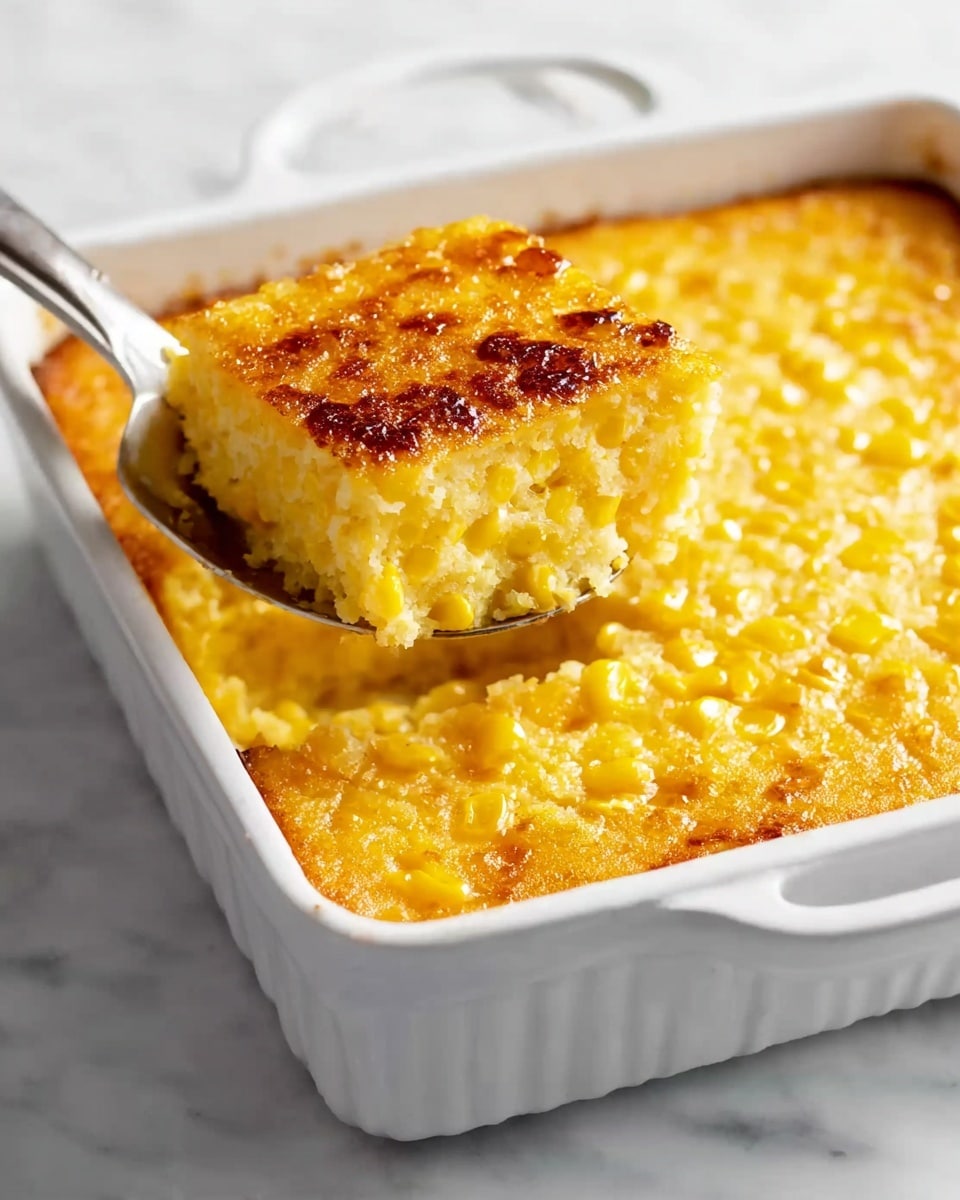 A white square baking dish holds a golden corn casserole with a lightly browned crust on top. A spoon lifts out a square piece, showing a soft, moist inside filled with small yellow corn kernels mixed throughout the creamy textured casserole. The surface of the casserole is a warm yellow with some spots of deeper brown where it has crisped. The dish sits on a white marbled surface. Photo taken with an iphone --ar 4:5 --v 7