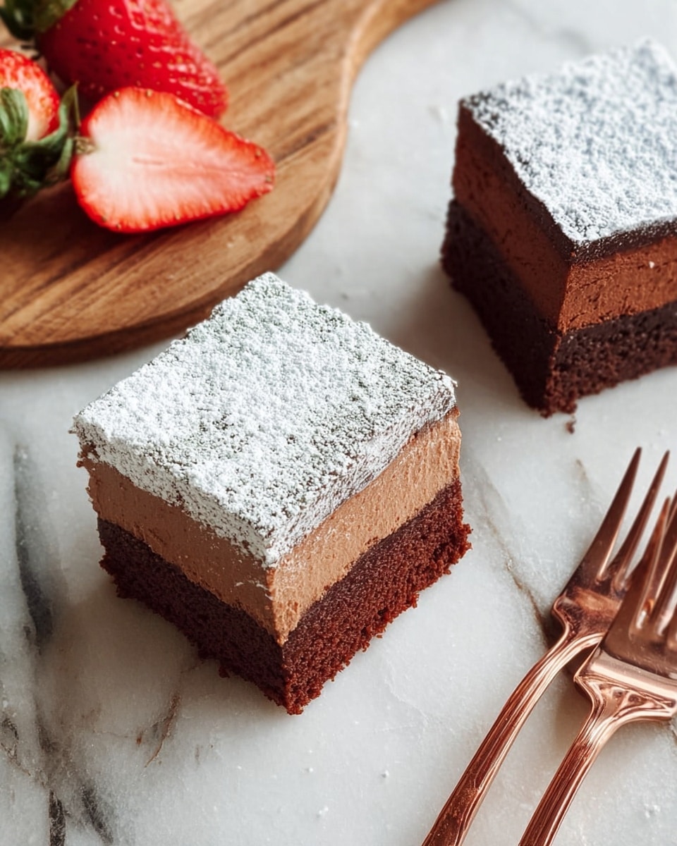 The image shows two square pieces of chocolate dessert placed on a white marbled surface. One piece is dusted with a thick layer of white powdered sugar on top, creating a contrast with the dark brown chocolate beneath. The other piece reveals three distinct layers from bottom to top: a dense dark brown chocolate layer, a smooth medium brown chocolate mousse layer, and a slightly textured dark chocolate cake layer on top. To the side, there is a round wooden board with two red strawberries, one whole and one sliced, adding a fresh, bright red color to the scene. Two copper-colored forks rest near the desserts. Photo taken with an iphone --ar 4:5 --v 7