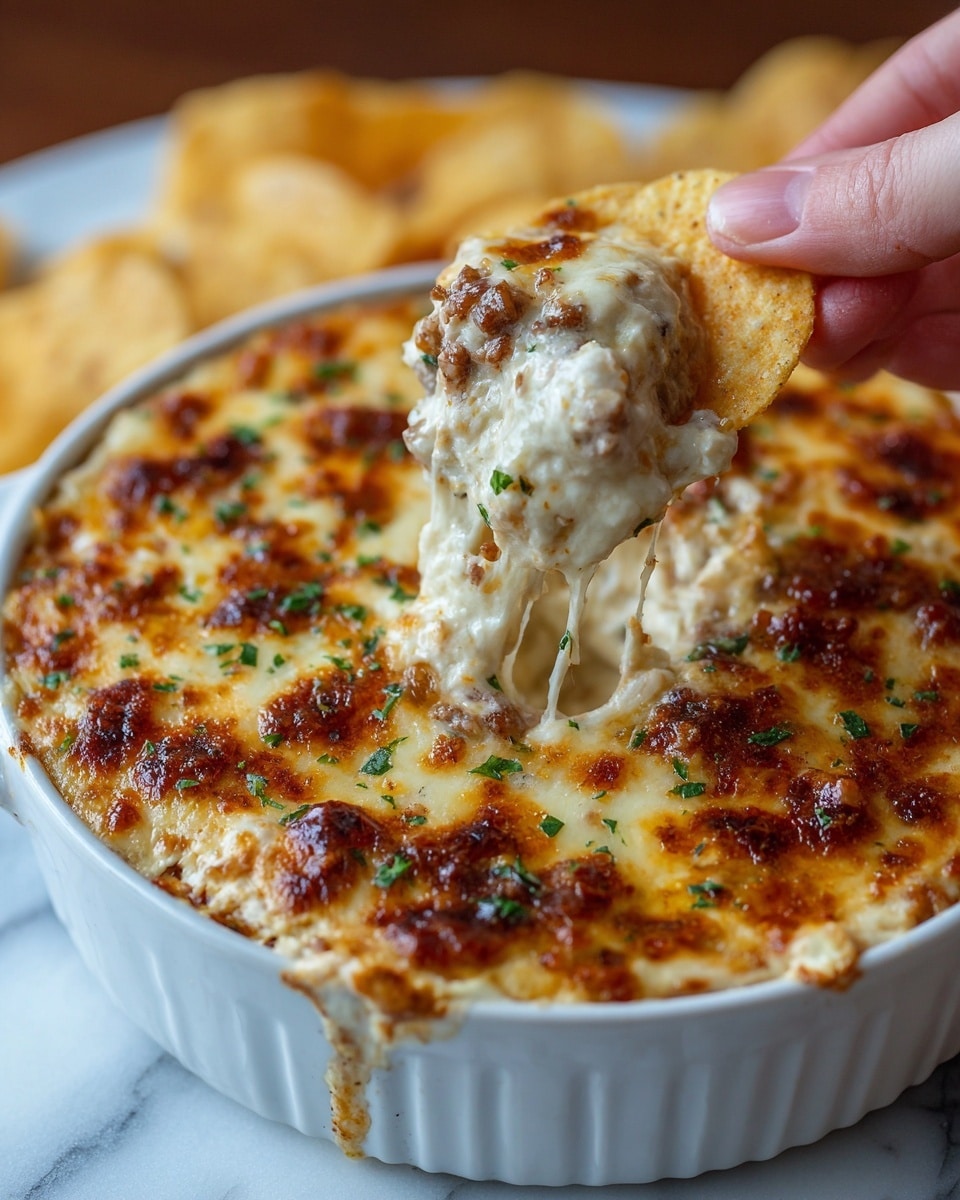 A close-up view of a white ceramic dish filled with a cheesy dip that has a golden brown melted top layer with browned spots and green herb sprinkles. The dip shows layers of creamy white cheese mixed with browned bits of meat inside. Woman's hand is holding a crispy, light golden chip covered in the cheesy dip, pulling it away, showing stretchy melted cheese strands connecting the dip and the chip. The background includes more chips resting on a white marbled surface. Photo taken with an iphone --ar 4:5 --v 7