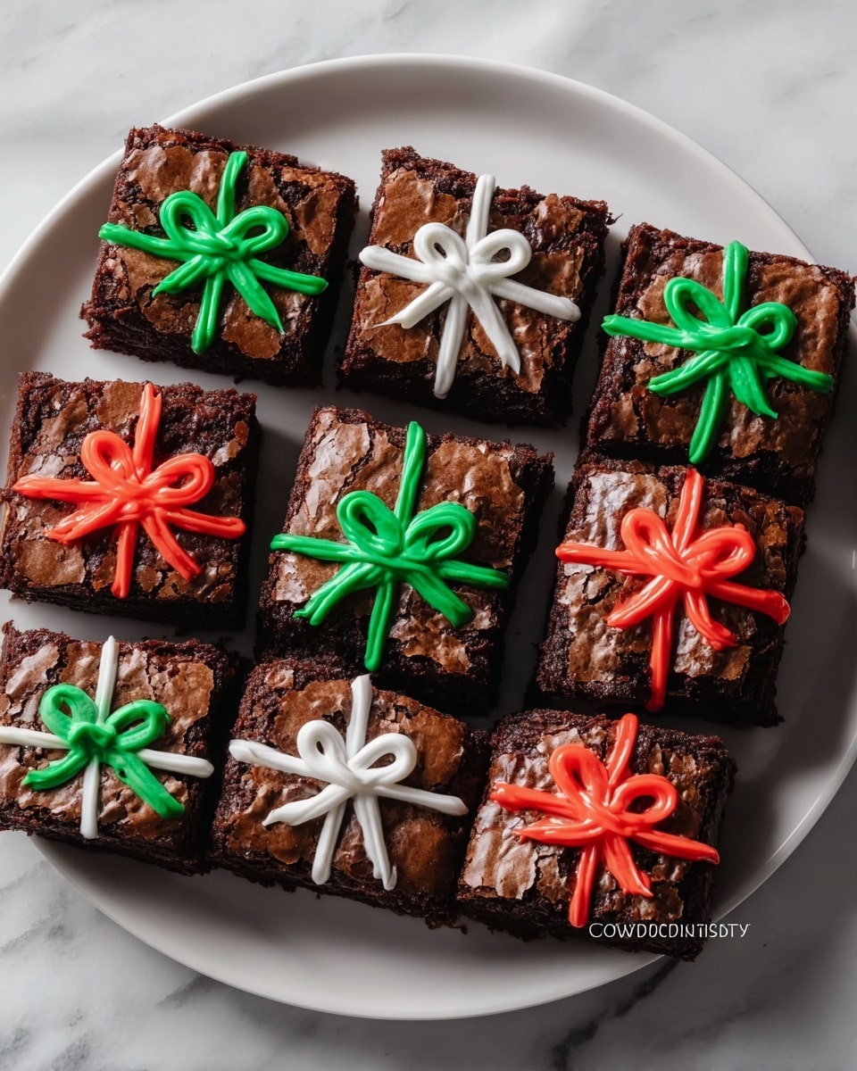 The image shows nine square chocolate brownies arranged neatly on a large white plate resting on a white marbled surface. Each brownie has a shiny, cracked top layer, typical of fudgy brownies. On top, colorful icing ribbons are piped to look like gift bows. The bows come in three color combinations: green icing forming full bows on three brownies, red bows with no other color on three brownies, and a mix of white and red icing creating bows on three brownies. The icing ribbons cross the brownies horizontally and vertically, making them look like small wrapped gifts. The photo taken with an iphone --ar 4:5 --v 7