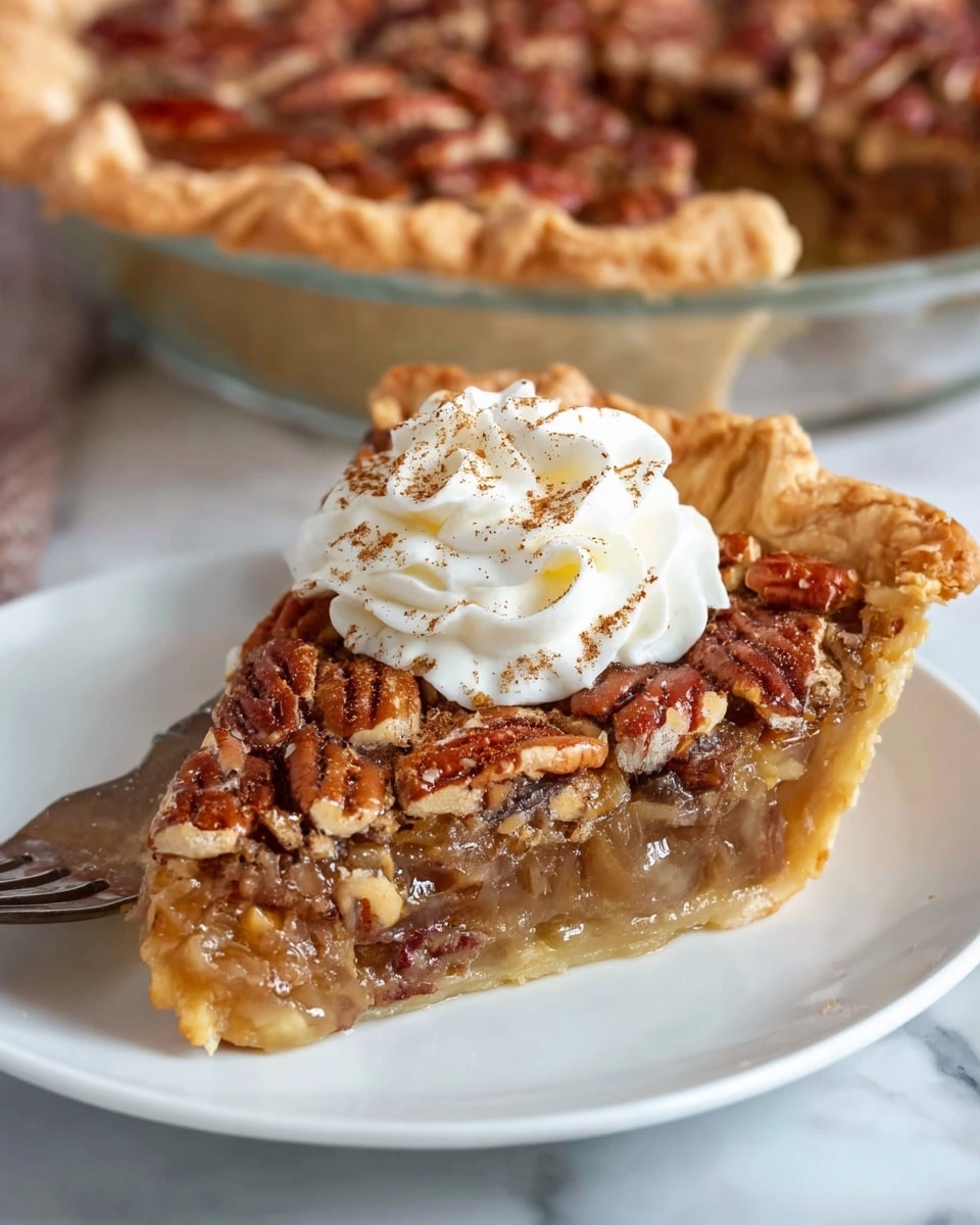 A slice of pecan pie shown on a white plate with a fork on the side, the pie has three visible layers: the bottom crust is golden and flaky, the middle layer is a thick, translucent caramel filling with pecan nut pieces embedded inside, and the top layer is densely packed with glossy toasted pecan halves arranged closely together. On top of the slice sits a swirl of white whipped cream sprinkled lightly with cinnamon powder. In the background, there is a glass pie dish filled with more pecan pie resting on a white marbled surface. Photo taken with an iphone --ar 4:5 --v 7
