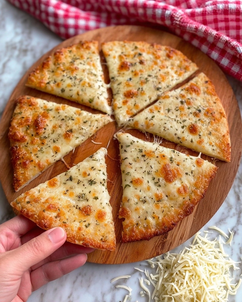 A round garlic cheese pizza cut into six triangular slices is placed on a wooden board. The pizza has a golden brown crispy crust with melted cheese spread evenly on top, showing small brown spots with a slightly bubbly texture. The cheese layer is sprinkled with green herbs that add texture and color. A woman's hand is holding one slice lifted slightly from the board. In the background, there is a red and white checkered cloth and a small pile of shredded white cheese on a white marbled surface. photo taken with an iphone --ar 4:5 --v 7