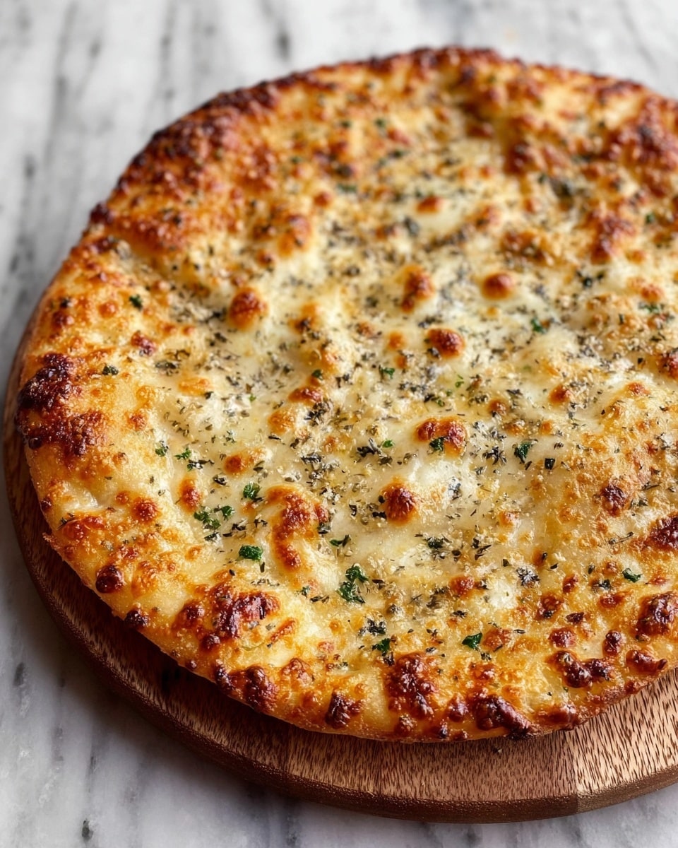 A round, thin pizza with a golden-brown crust and bubbling cheese all over the surface. The top has a mix of light and dark brown spots where the cheese has melted and crisped, with small specks of green herbs scattered throughout. The edges are slightly raised and crisp, while the middle looks soft with melted cheese showing a slightly oily sheen. The pizza is placed on a wooden board with a white marbled surface beneath it. photo taken with an iphone --ar 4:5 --v 7