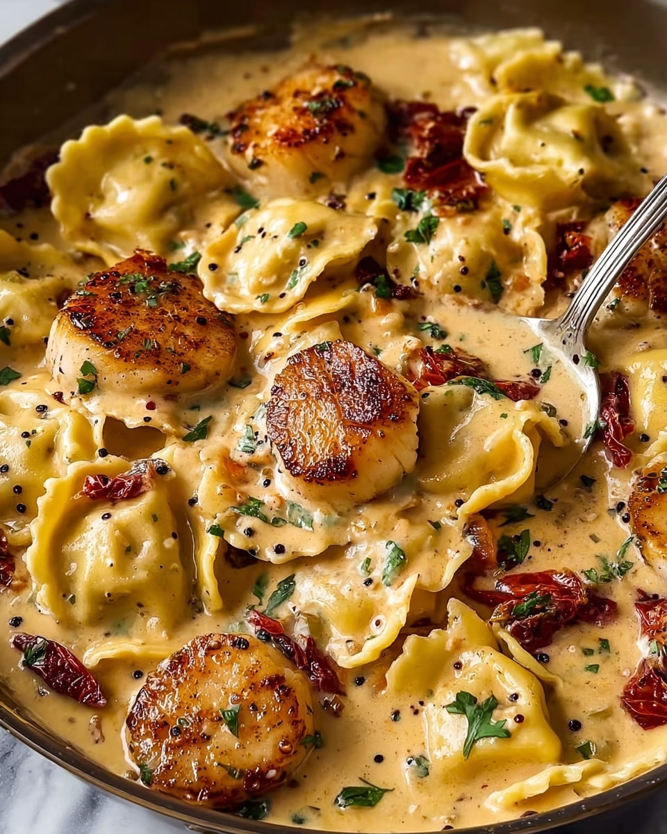 A close-up view of a pan full of browned seared scallops and round ravioli pasta in a thick creamy sauce. The sauce is beige with black pepper dots and small pieces of red sun-dried tomatoes scattered throughout. The scallops are golden-brown and placed on top of and among the ravioli, which have a light yellow color and crimped edges. Small green parsley leaves are sprinkled on top for garnish. A silver spoon is partially submerged in the sauce on the right side. The dish is set against a white marbled texture. photo taken with an iphone --ar 4:5 --v 7