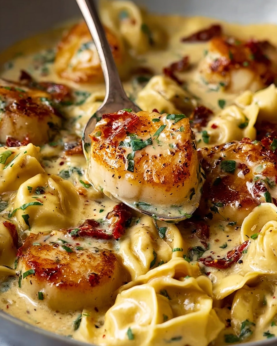 The dish shows a close-up of pan-seared scallops with tortellini in a creamy sauce. The scallops have a golden-brown crisp layer on top with a soft creamy underside, scattered with finely chopped green herbs. Around them, there are small, curved tortellini pasta pieces coated in the same thick, pale yellow cream sauce with specks of pepper and tiny bits of sun-dried tomatoes, which add a deep red contrast. A silver spoon is partially visible, scooping some of the creamy mix with scallops and tortellini. The background features a white marbled texture. photo taken with an iphone --ar 4:5 --v 7