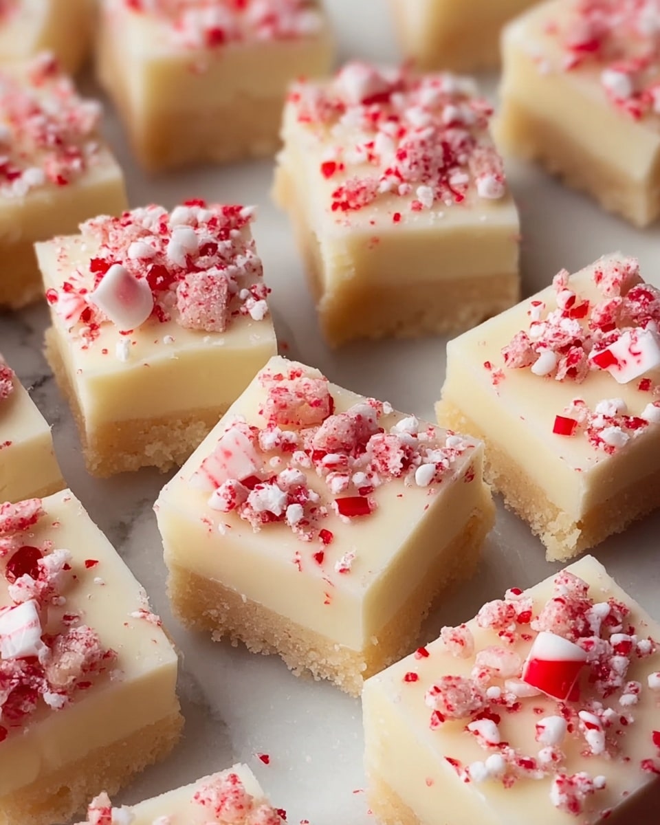 The image shows small square treats with two clear layers: the bottom layer is beige and crumbly, while the top layer is smooth and creamy white, almost like white chocolate. Each square is topped with crushed red and white candy pieces, scattered unevenly on the surface, giving a festive look. The squares are tightly packed together on a white marbled surface, showcasing their texture clearly. photo taken with an iphone --ar 4:5 --v 7