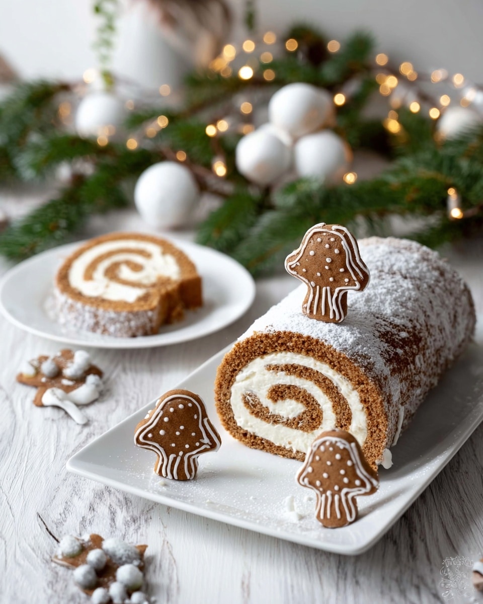 The image shows a rolled cake on a white square plate. The cake has two visible layers: a light brown sponge cake layer on the outside and a creamy white filling spiraled inside. The rolled cake is dusted with powdered sugar on top. Three small mushroom-shaped gingerbread cookies decorated with white icing are placed around the cake, with one cookie on top and two standing against the cake. In front of the main plate, there are two smaller white plates, each holding a slice of the rolled cake with the same swirl and a mushroom cookie beside it. The table is decorated with green pine branches and white felt balls string lights on a white marbled textured surface, creating a festive atmosphere. Photo taken with an iphone --ar 4:5 --v 7