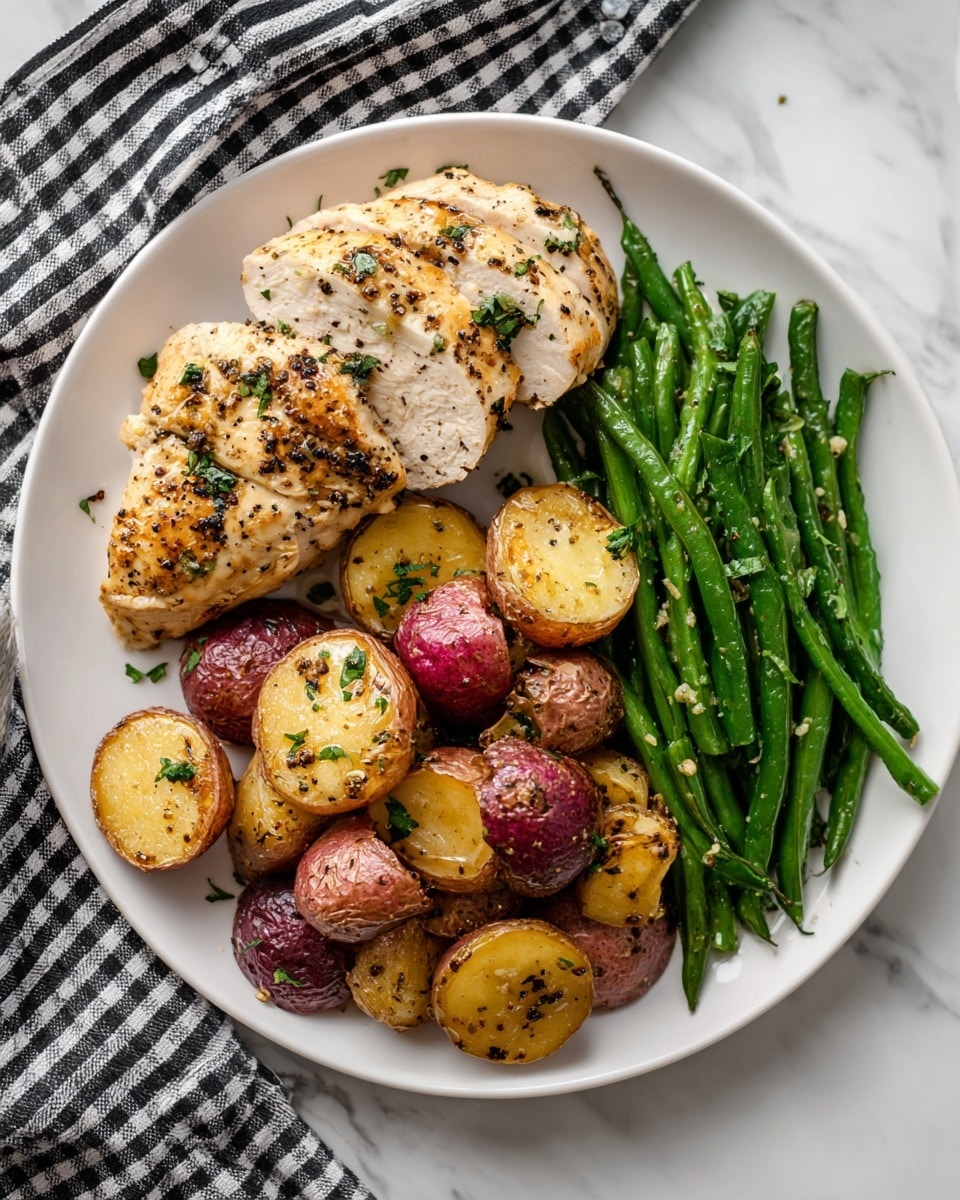 A white plate holds a meal with three main parts: two pieces of golden brown baked chicken breast on the top left, topped with small green herb bits and black pepper; below the chicken, there is a pile of roasted baby potatoes with red and yellow skin, some cut in half showing a soft inside, mixed with herbs and small bits of seasoning; on the right side of the plate, a neat bunch of cooked green beans with a slight shine from oil and sprinkled with green herbs. The plate rests on a white marbled surface with a black and white checked cloth nearby. Photo taken with an iphone --ar 4:5 --v 7